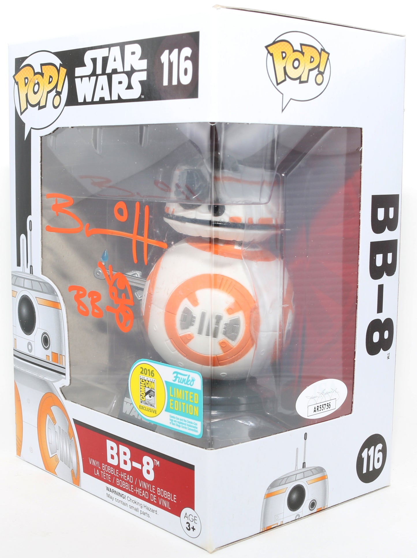 
                  
                    Brian Herring as BB-8 in Star Wars: The Force Awakens 2016 San Diego Comic Con Exclusive (JSA) Signed Funko POP! #116 with Character Name
                  
                