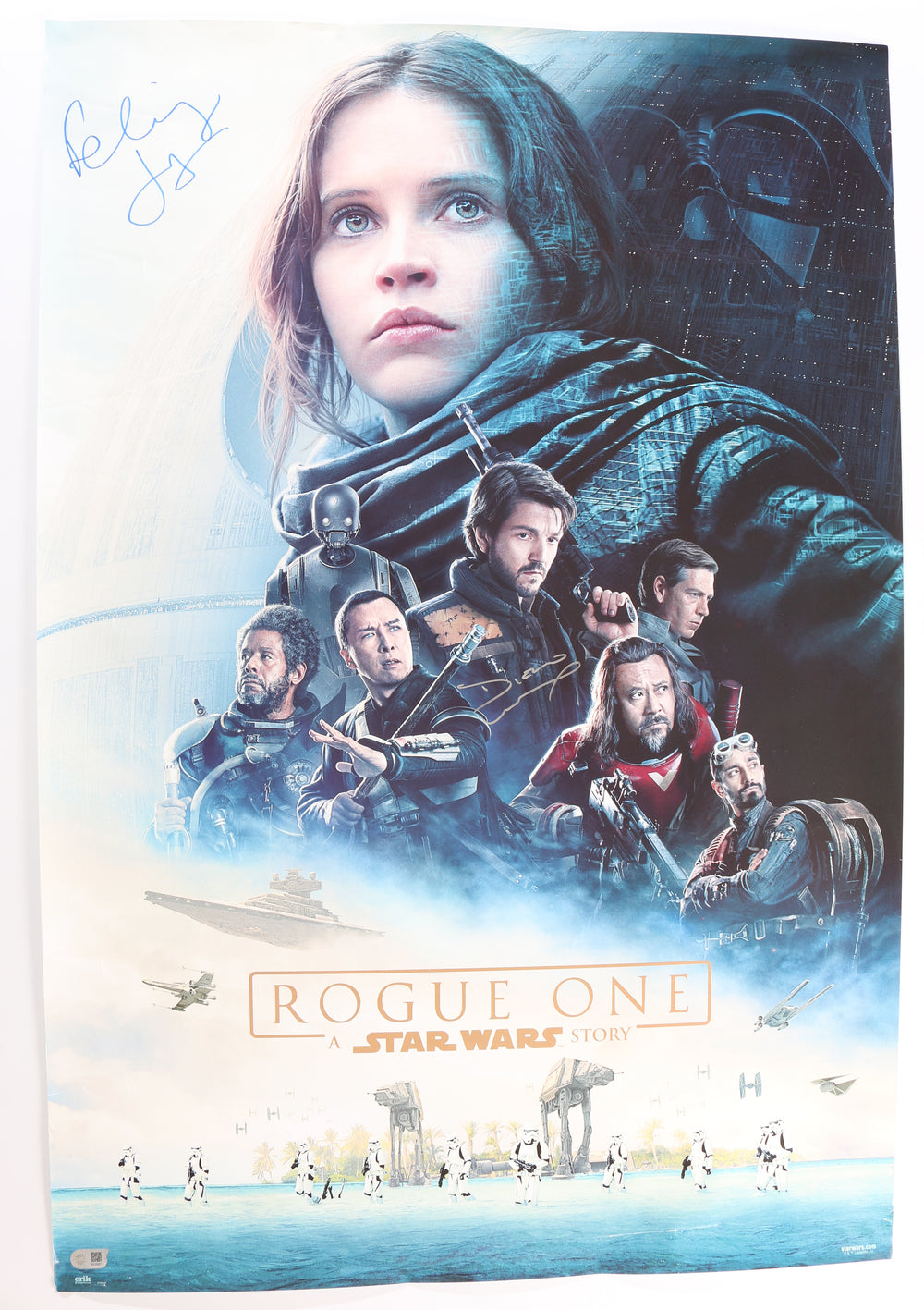 Diego Luna as Cassian Andor & Felicity Jones as Jyn Erso in Rogue One: A Star Wars Story (SWAU) Signed 27x40 Poster