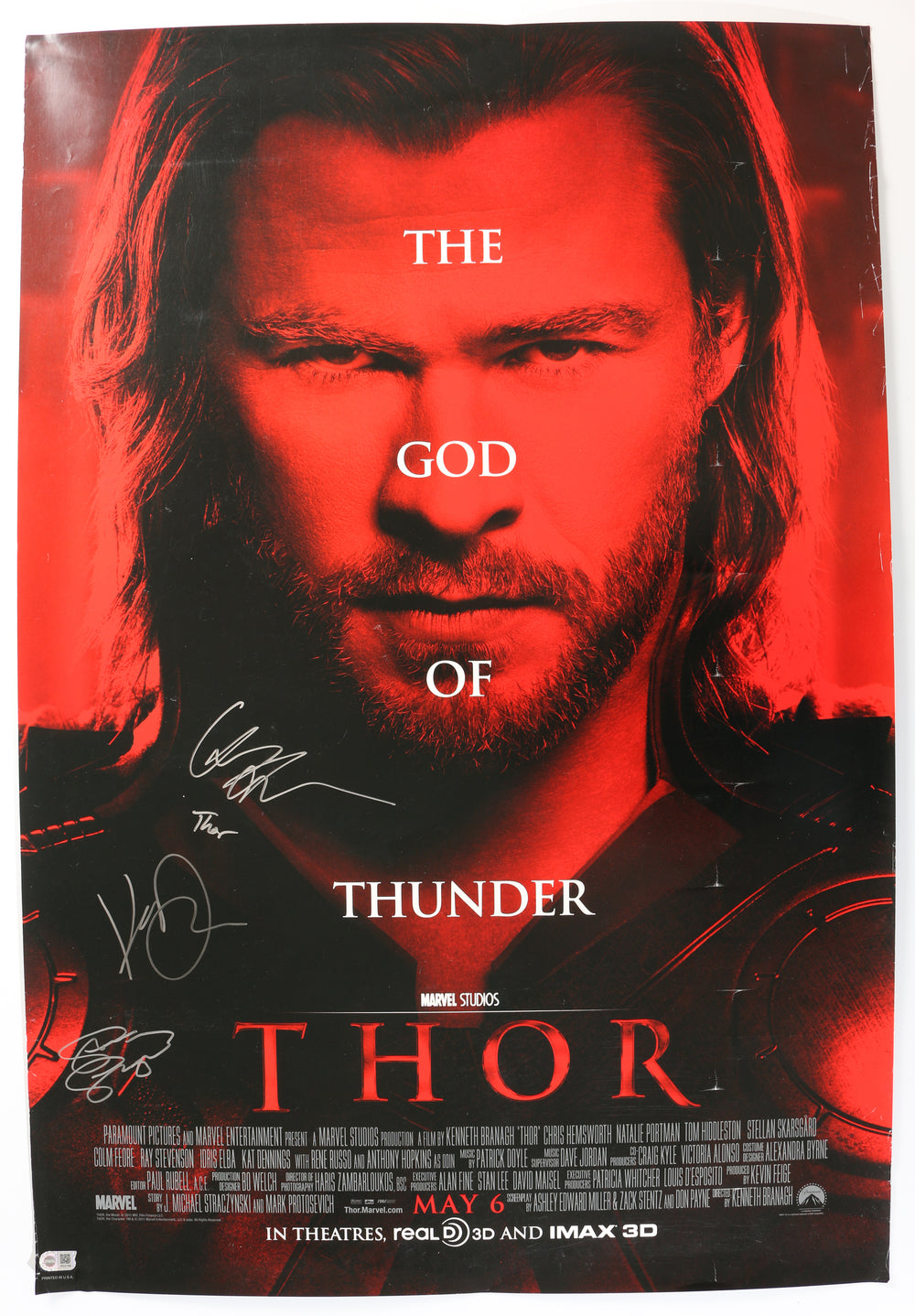 Thor 27x40 Double Sided Poster Cast (SWAU Witnessed) Signed by Chris Hemsworth, Stellan Skarsgard, & Kat Dennings with Character Name