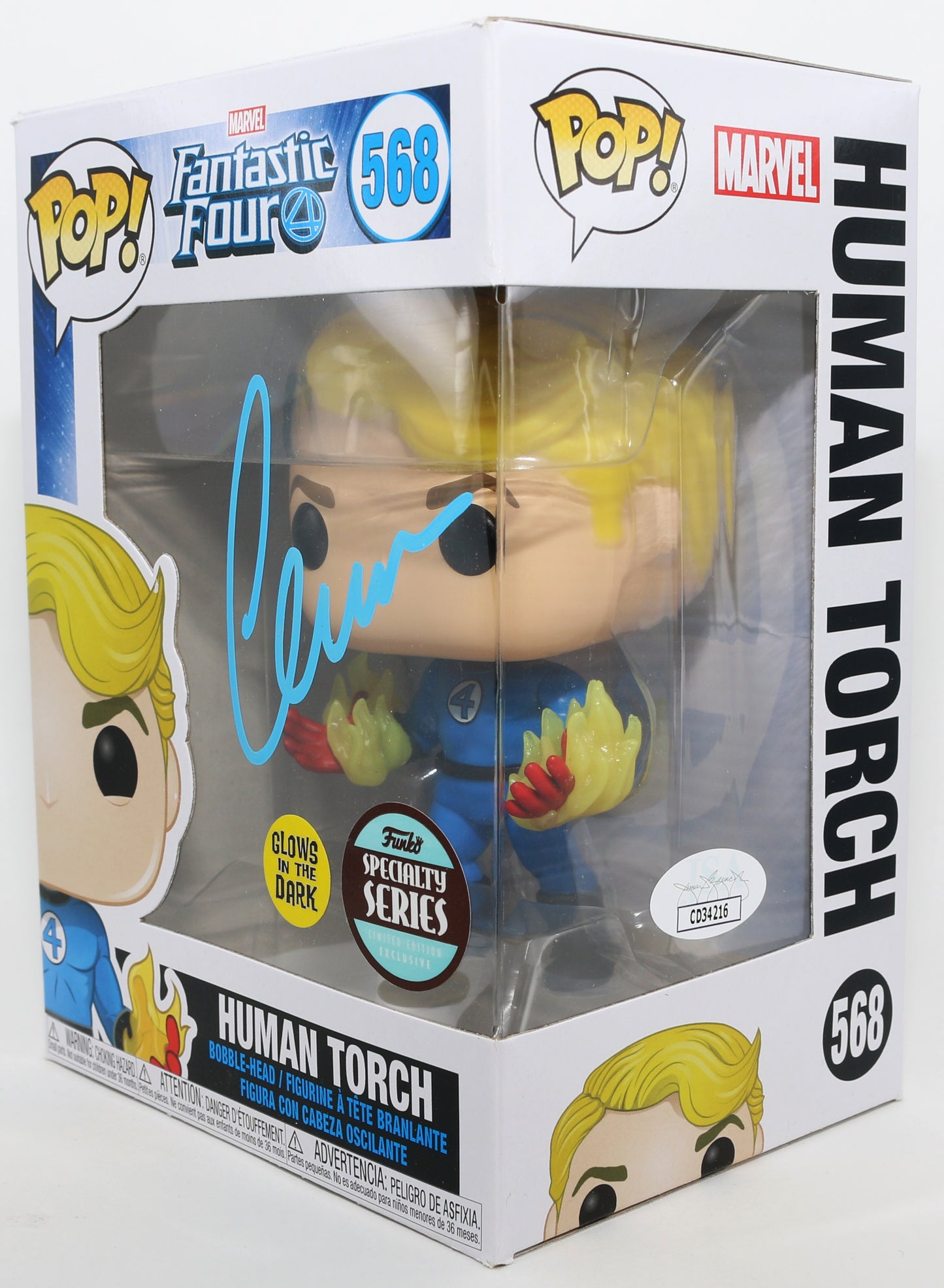 
                  
                    Chris Evans as Human Torch in Fantastic Four GITD Specialty Series (JSA) Signed Funko POP! #568
                  
                