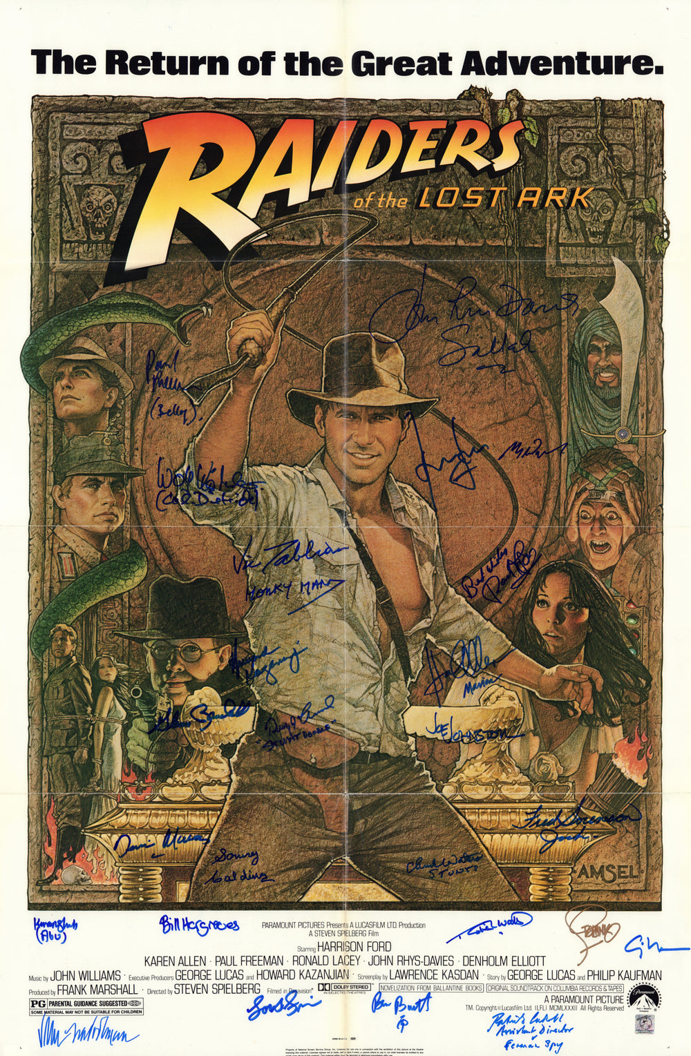 Indiana Jones and the Raiders of the Lost Ark 27x41 Poster Cast Signed by Harrison Ford, Karen Allen, Paul Freeman, John Rhys-Davies, Wolf Kahler, Jim Steranko, Joe Johnston, & More