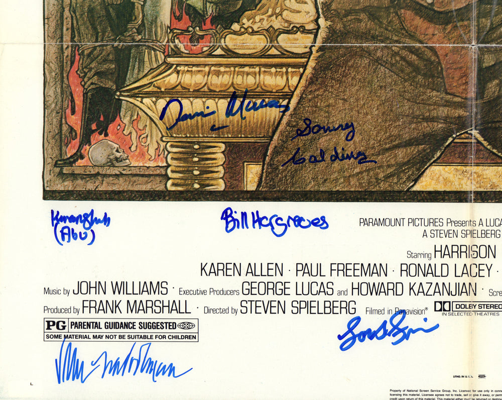 
                  
                    Indiana Jones and the Raiders of the Lost Ark 27x41 Poster Cast Signed by Harrison Ford, Karen Allen, Paul Freeman, John Rhys-Davies, Wolf Kahler, Jim Steranko, Joe Johnston, & More
                  
                