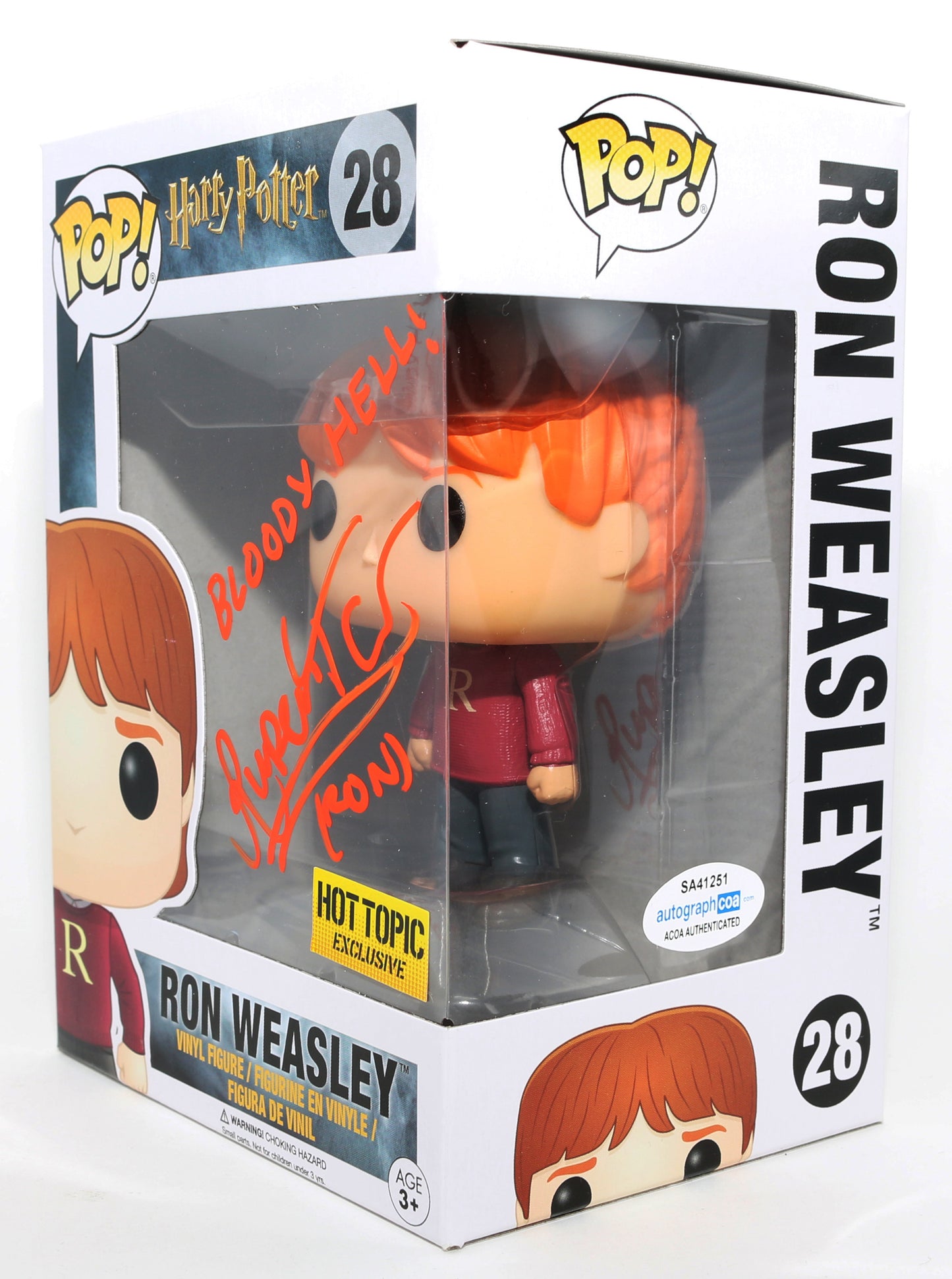 
                  
                    Rupert Grint as Ron Weasley in Harry Potter Hot Topic Exclusive (ACOA) Signed Funko POP! #28 with Character Name & Quote
                  
                