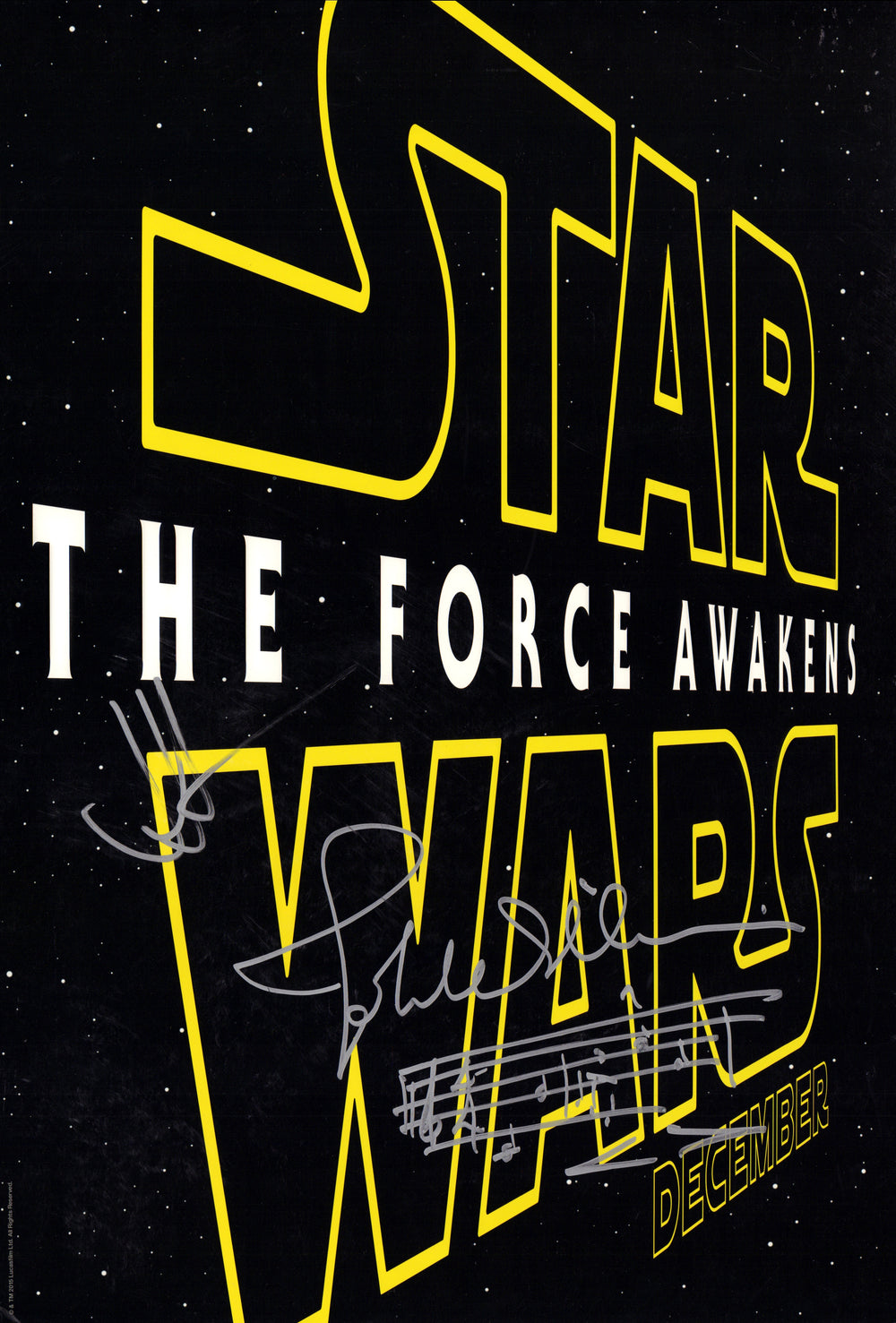 Star Wars: The Force Awakens 13x19 Mini Poster Signed by Director J.J. Abrams and Composer John Williams with Rare AMQS Handwritten Musical Notes of the Star Wars Theme
