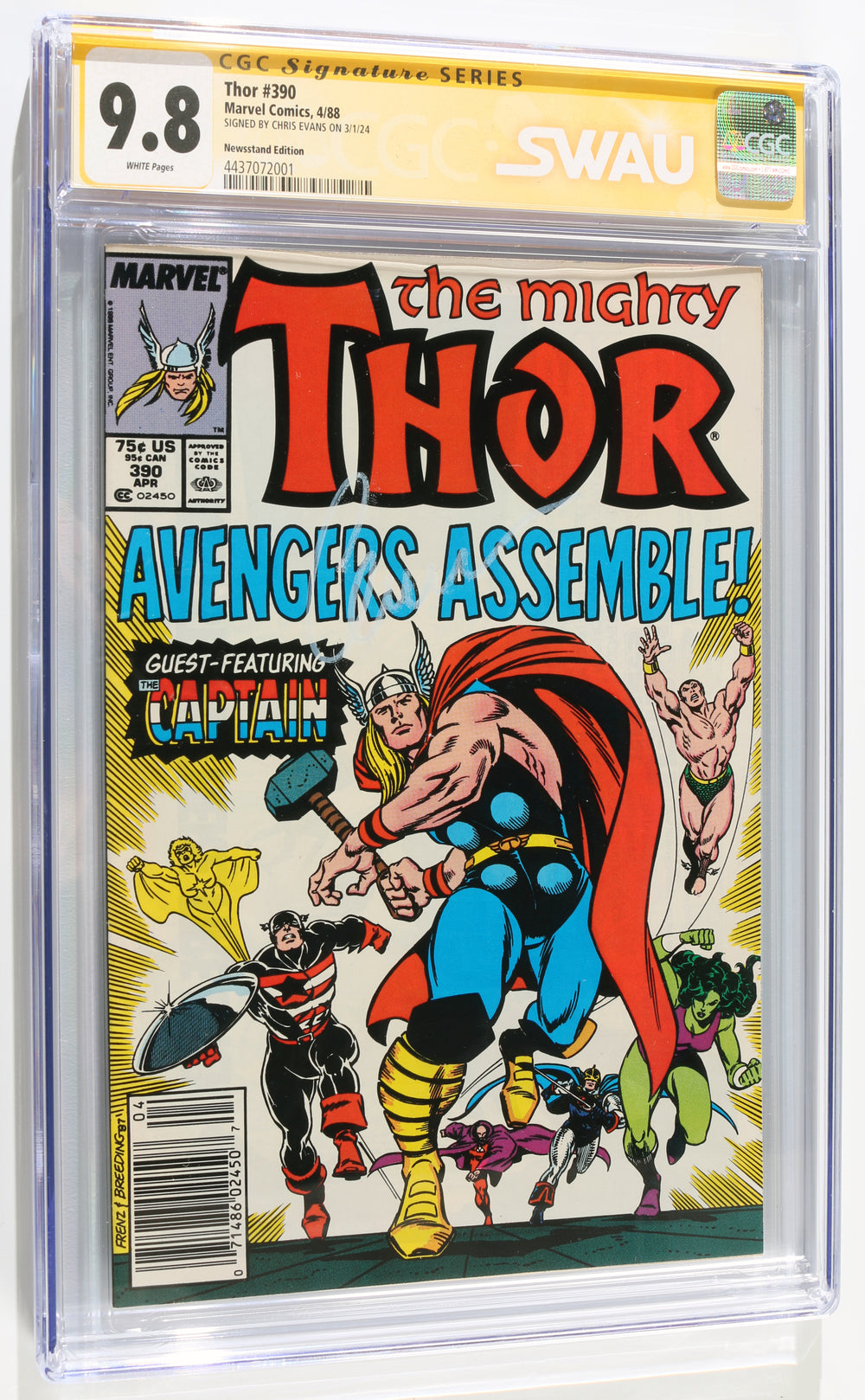 Marvel's Thor #390 - Signed by Signed by Chris Evans as Captain America from The Avengers (SWAU CGC Signature Series 9.8) 1988