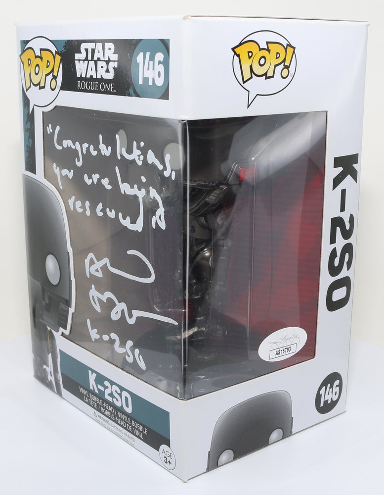 
                  
                    Alan Tudyk as K-2SO in Rogue One: A Star Wars Story (JSA) Signed Funko POP! #146 with Character Name and Quote
                  
                