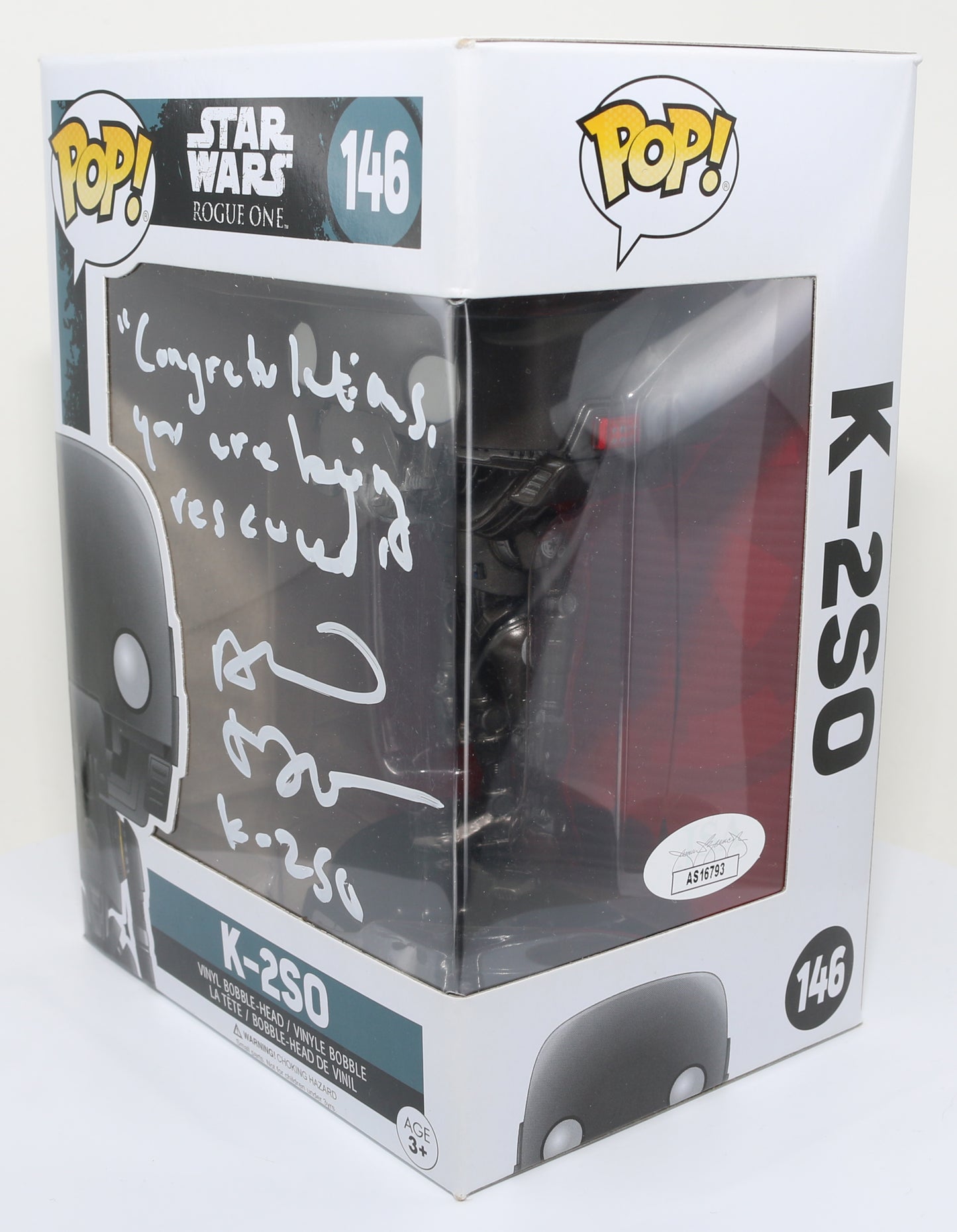 
                  
                    Alan Tudyk as K-2SO in Rogue One: A Star Wars Story (JSA) Signed Funko POP! #146 with Character Name and Quote
                  
                