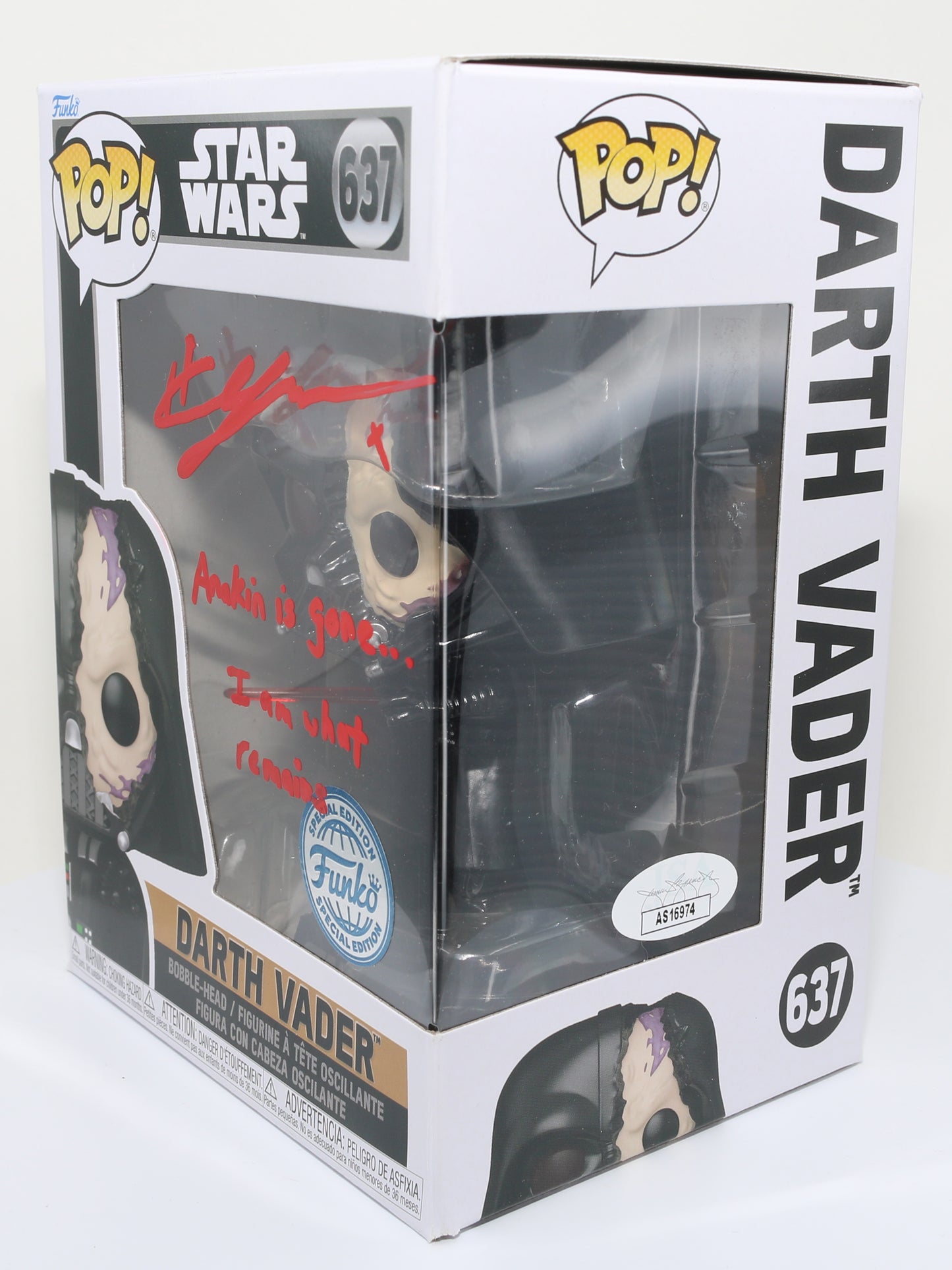 
                  
                    Hayden Christensen as Darth Vader in Star Wars Special Edition (JSA) Signed Funko POP! #637 with Quote
                  
                