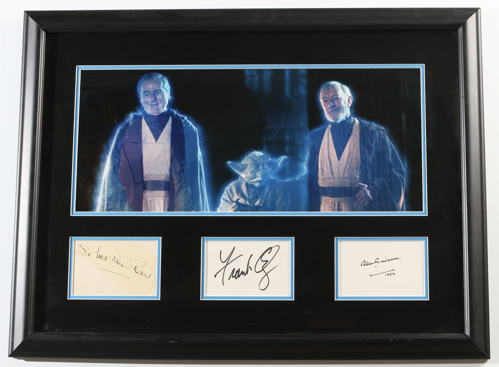 Sebastian Shaw as Anakin Skywalker, Frank Oz as Yoda, & Alec Guinness as Obi-Wan Kenobi Force Ghosts in Star Wars: Return of the Jedi Signed Framed Index Card Display