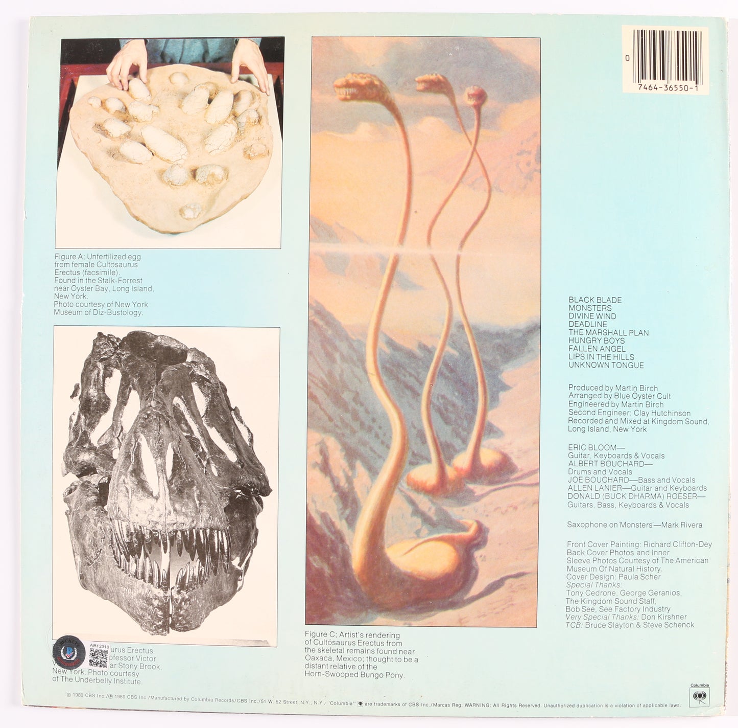 
                  
                    Blue Öyster Cult: Cultösaurus Erectus LP 12" Vinyl Record Sleeve (Beckett) Band Signed by Eric Bloom, Donald "Buck Dharma" Roeser, Allen Lanier, Joe Bouchard, Albert Bouchard, & Jules Radino
                  
                