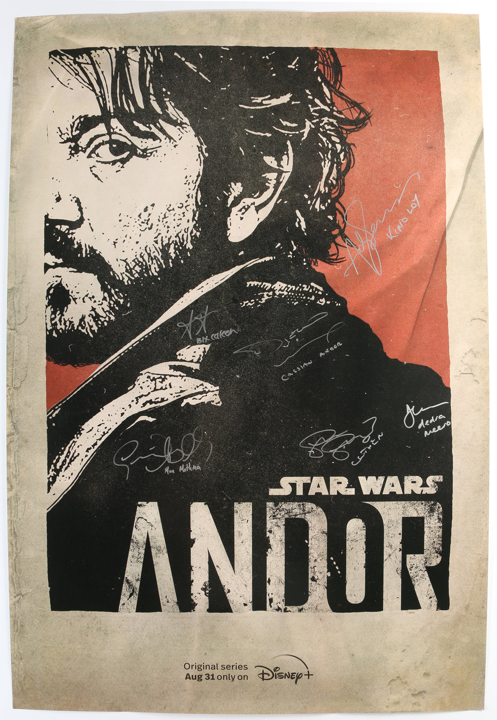 Star Wars: Andor 27x40 Poster Cast Signed by Diego Luna, Adria Arjona, Stellan Skarsgård, Genevieve O'Reilly, Denise Gough, & Andy Serkis with Character Names