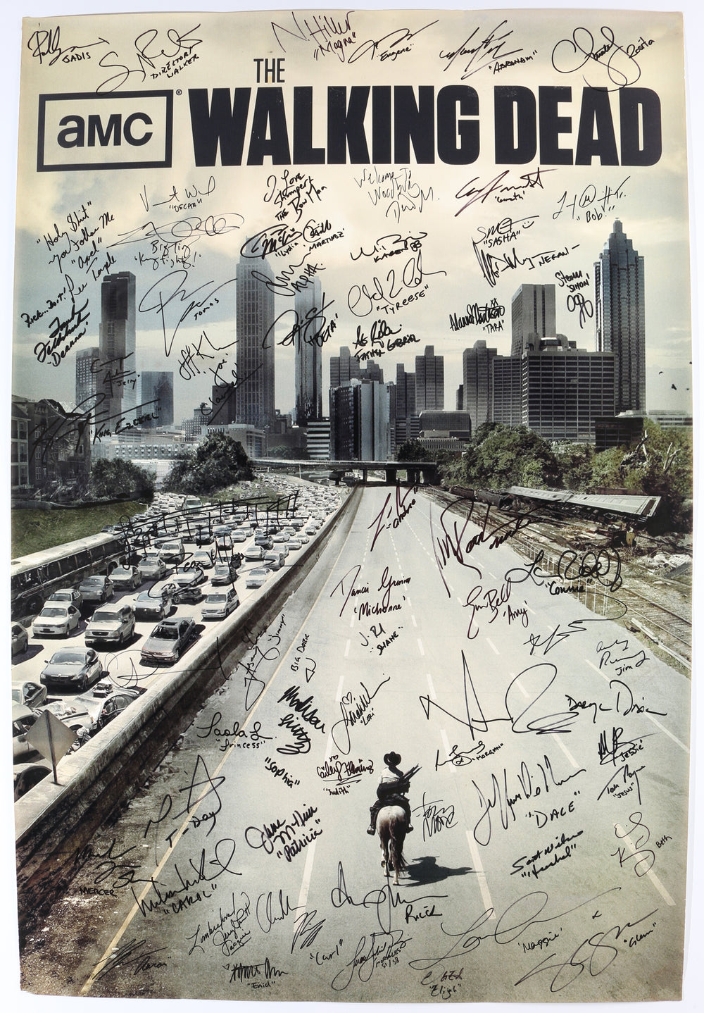 The Walking Dead 27x40 Poster Cast Signed by Robert Kirkman, Andrew Lincoln, Danai Gurira, Norman Reedus, Lauren Cohan, Melissa McBride, Cailey Fleming, Jeffrey Dean Morgan, Josh McDermitt, Michael Rooker, Laurie Holden, Jon Bernthal, & Many More