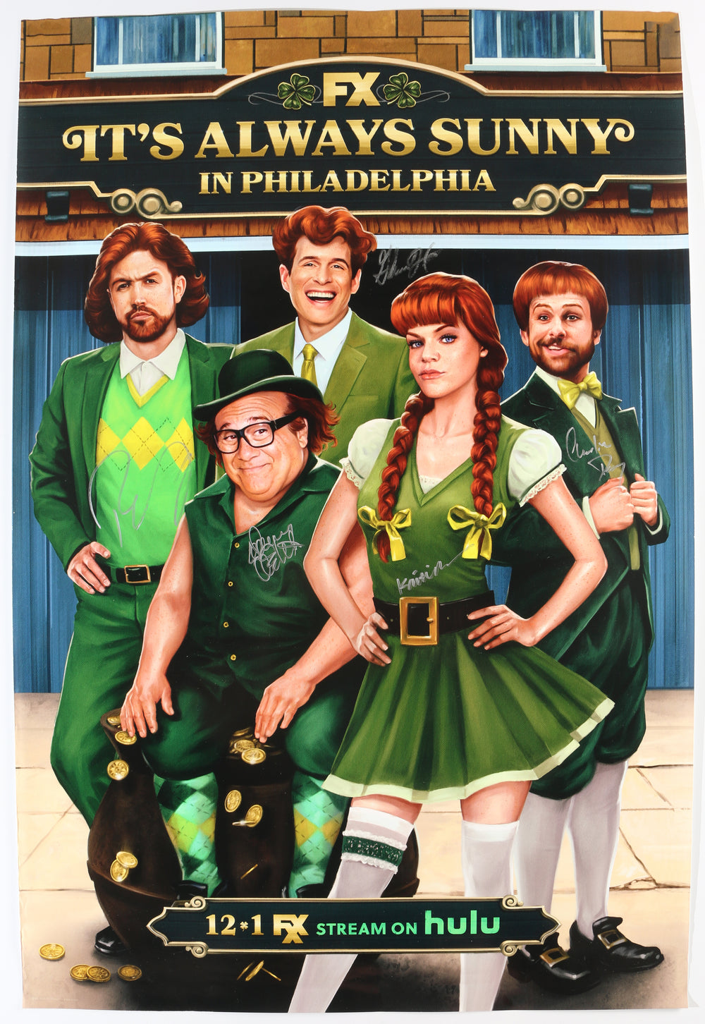 It's Always Sunny in Philadelphia 24x36 Poster Cast Signed by Charlie Day, Glenn Howerton, Rob McElhenney, Kaitlin Olson, & Danny DeVito