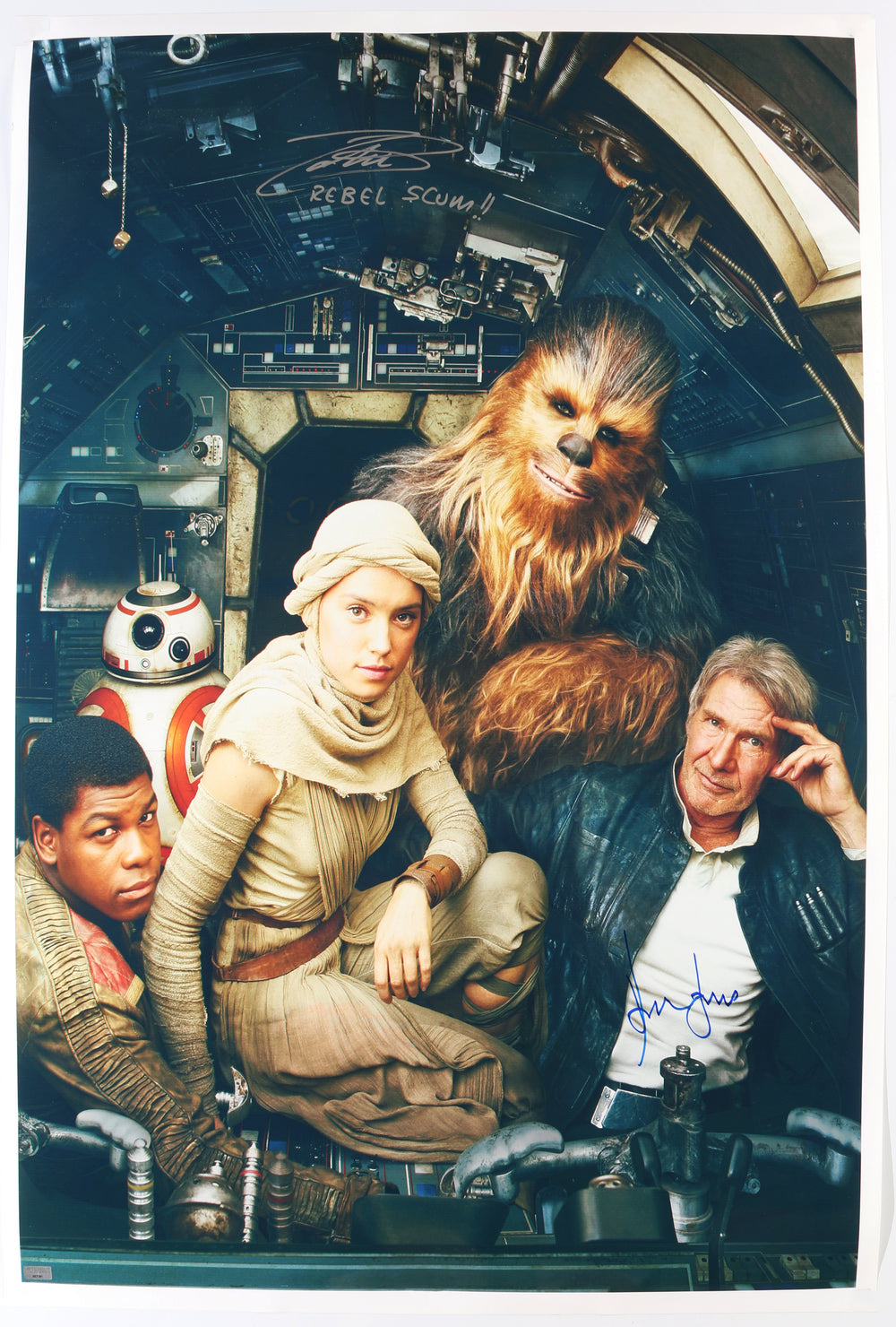 Harrison Ford as Han Solo & John Boyega as Finn in Star Wars: The Force Awakens (Official Pix / Celebrity Authentics) Signed 27x40 Poster with Character Name