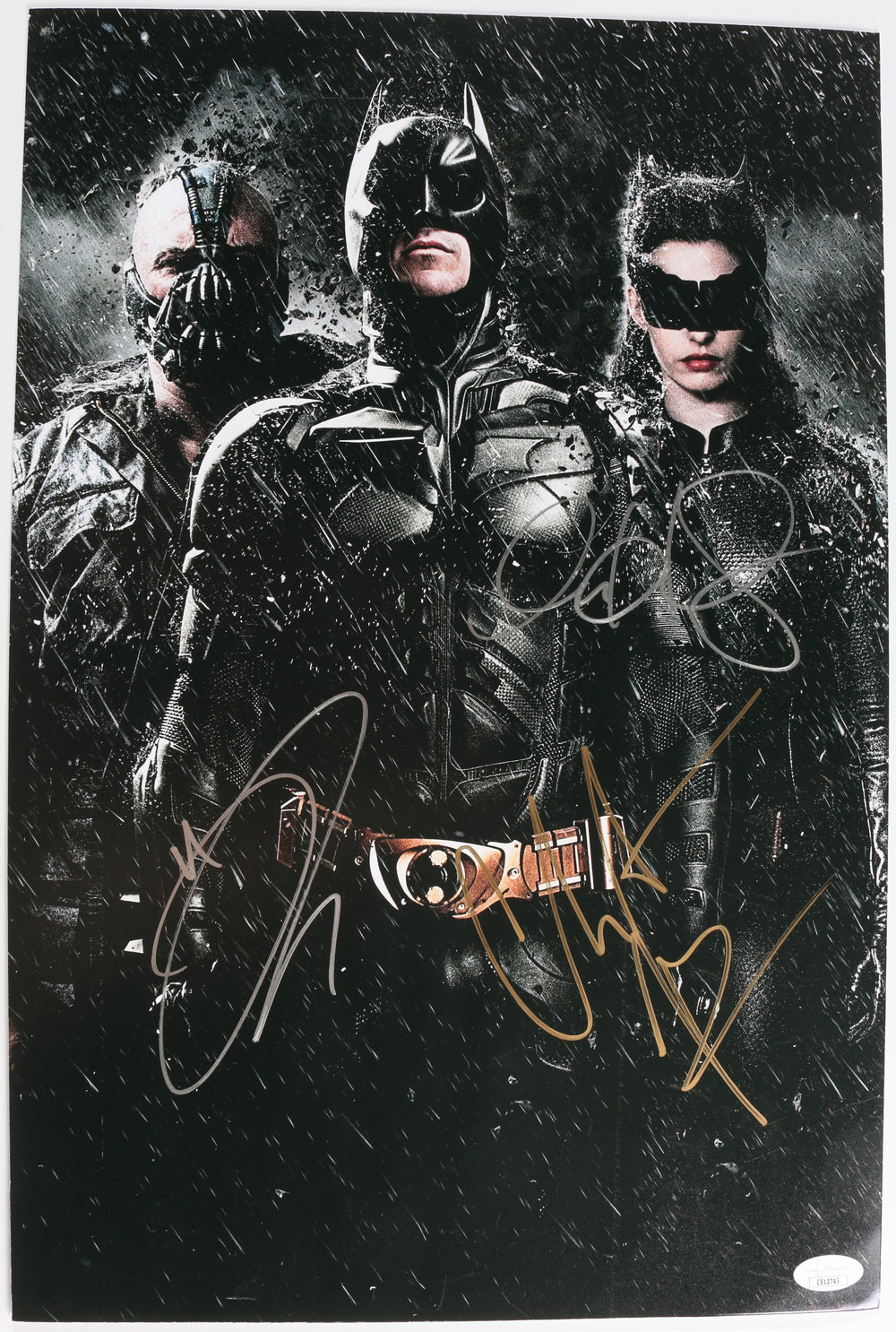 Christian Bale as Batman, Anne Hathaway as Catwoman, & Tom Hardy as Bane in The Dark Knight Rises (JSA) Signed 12x18 Mini Poster