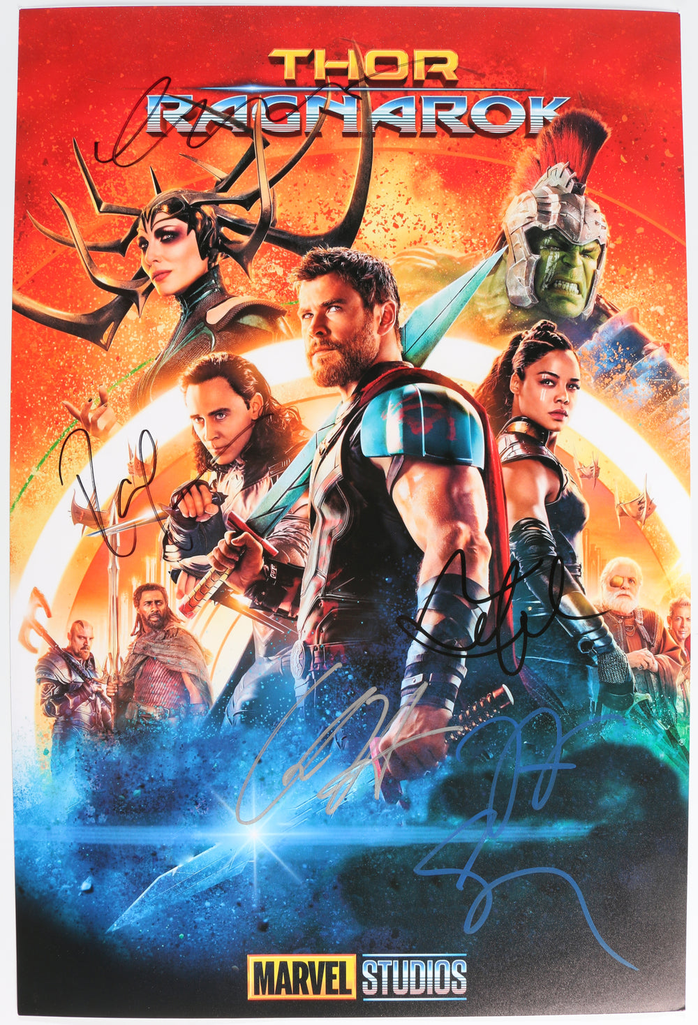 Thor: Ragnarok 12x18 Mini Poster Cast Signed by Chris Hemsworth, Cate Blanchett, Idris Elba, Jeff Goldblum, & Mark Ruffalo