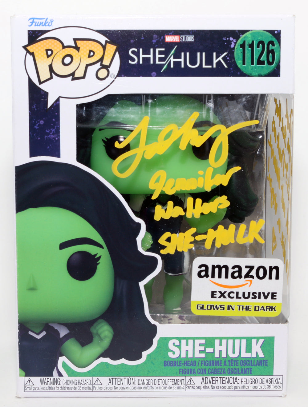 Tatiana Maslany as She-Hulk in She-Hulk GITD Amazon Exclusive Signed Funko POP! #1126 with Character Name & Quote