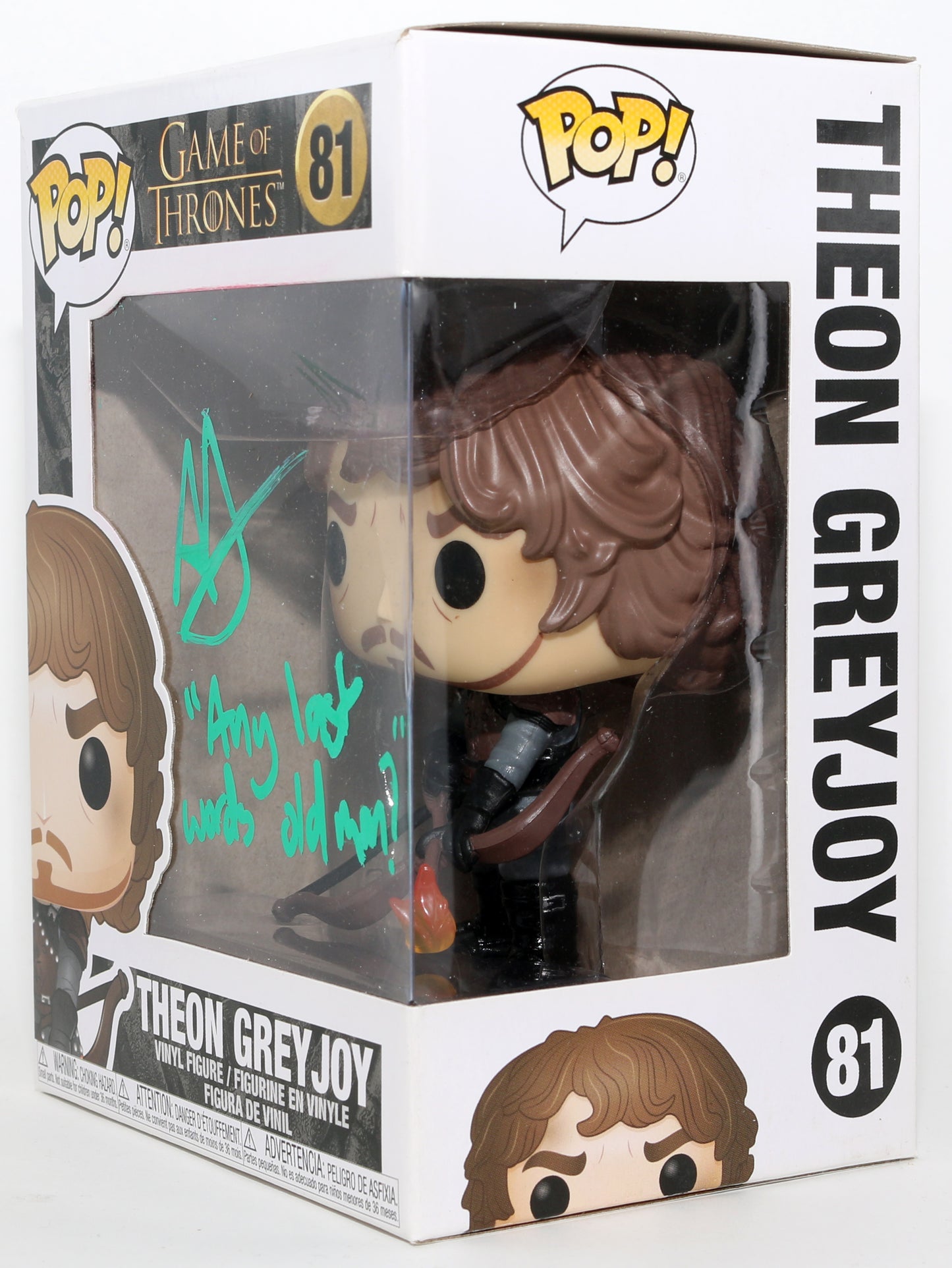 
                  
                    Alfie Allen as Theon Greyjoy in Game of Thrones Signed Funko POP! #81 with Quote
                  
                
