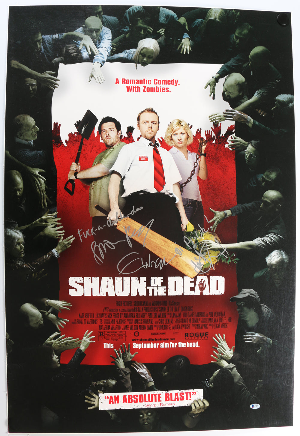 Shaun of the Dead 27x40 Poster Signed by Director: Edgar Wright and Actors: Simon Pegg & Nick Frost with Quotes