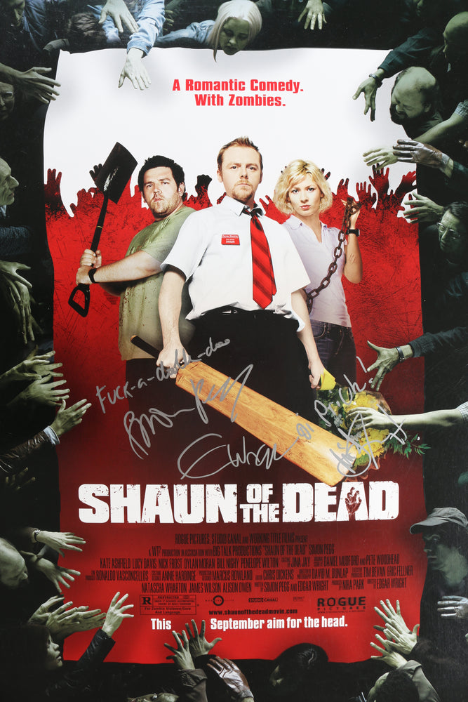 
                  
                    Shaun of the Dead 27x40 Poster Signed by Director: Edgar Wright and Actors: Simon Pegg & Nick Frost with Quotes
                  
                
