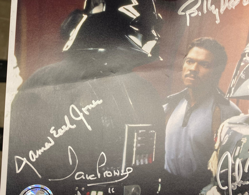 
                  
                    James Earl Jones & Dave Prowse as Darth Vader, John Morton as Bespin Boba, & Billy Dee Williams as Lando  in Star Wars: The Empire Strikes Back (Official Pix) Signed 8x10 Photo with Character Names
                  
                