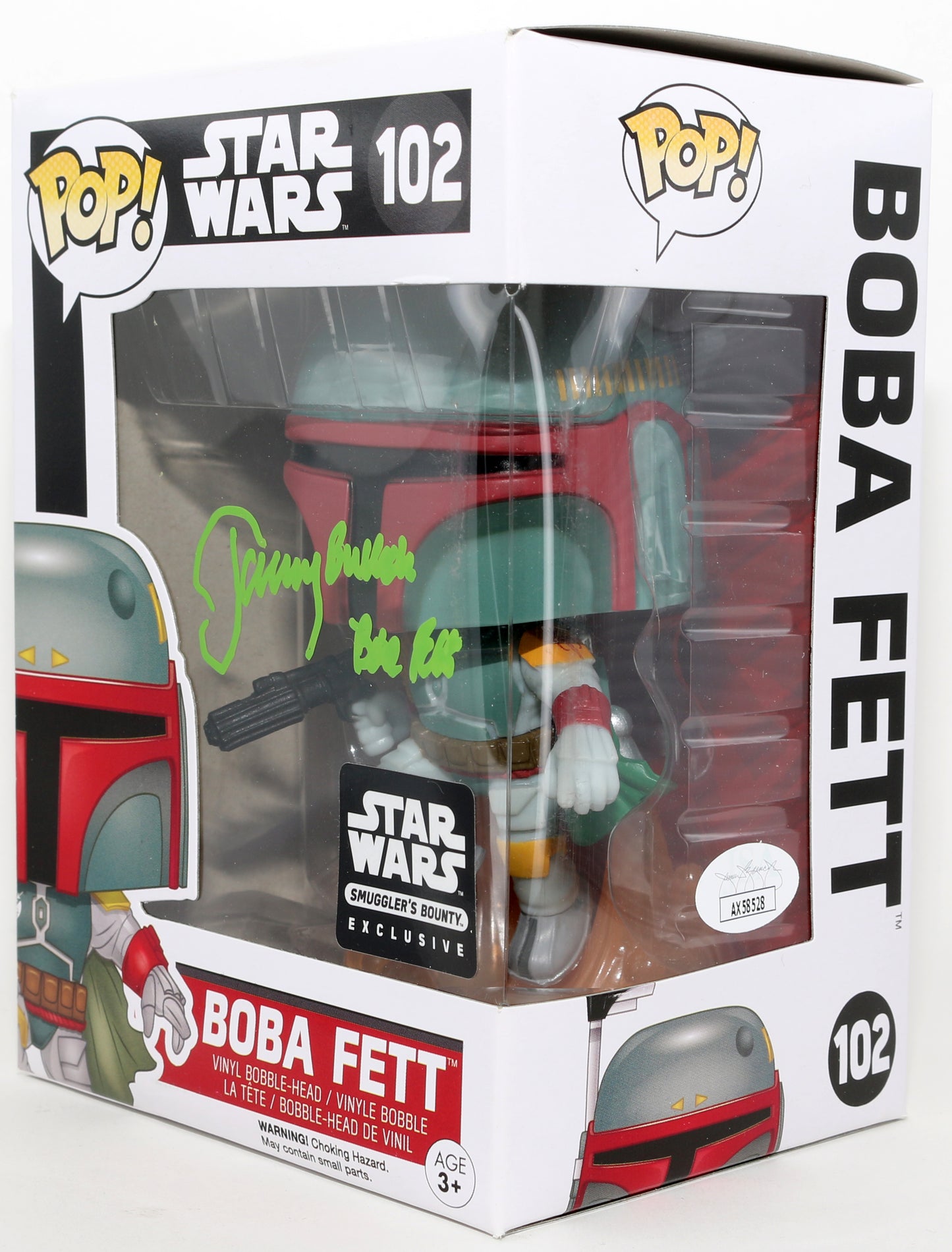 
                  
                    Jeremy Bulloch as Boba Fett in Star Wars: The Empire Strikes Back Smuggler's Bounty Exclusive (JSA) Signed Funko POP! #102 with Character Name
                  
                