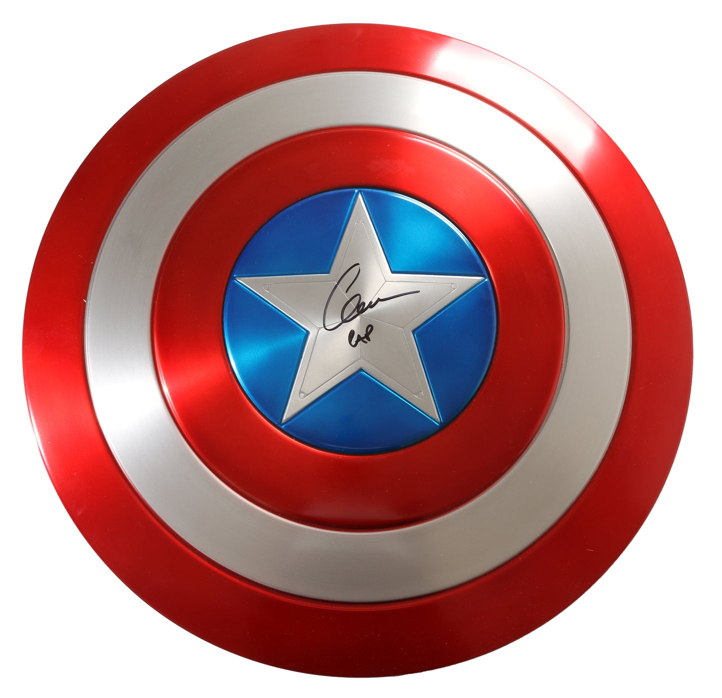 
                  
                    Captain America's Metal Prop Replica Shield (SWAU) Signed by Chris Evans with Character Name
                  
                