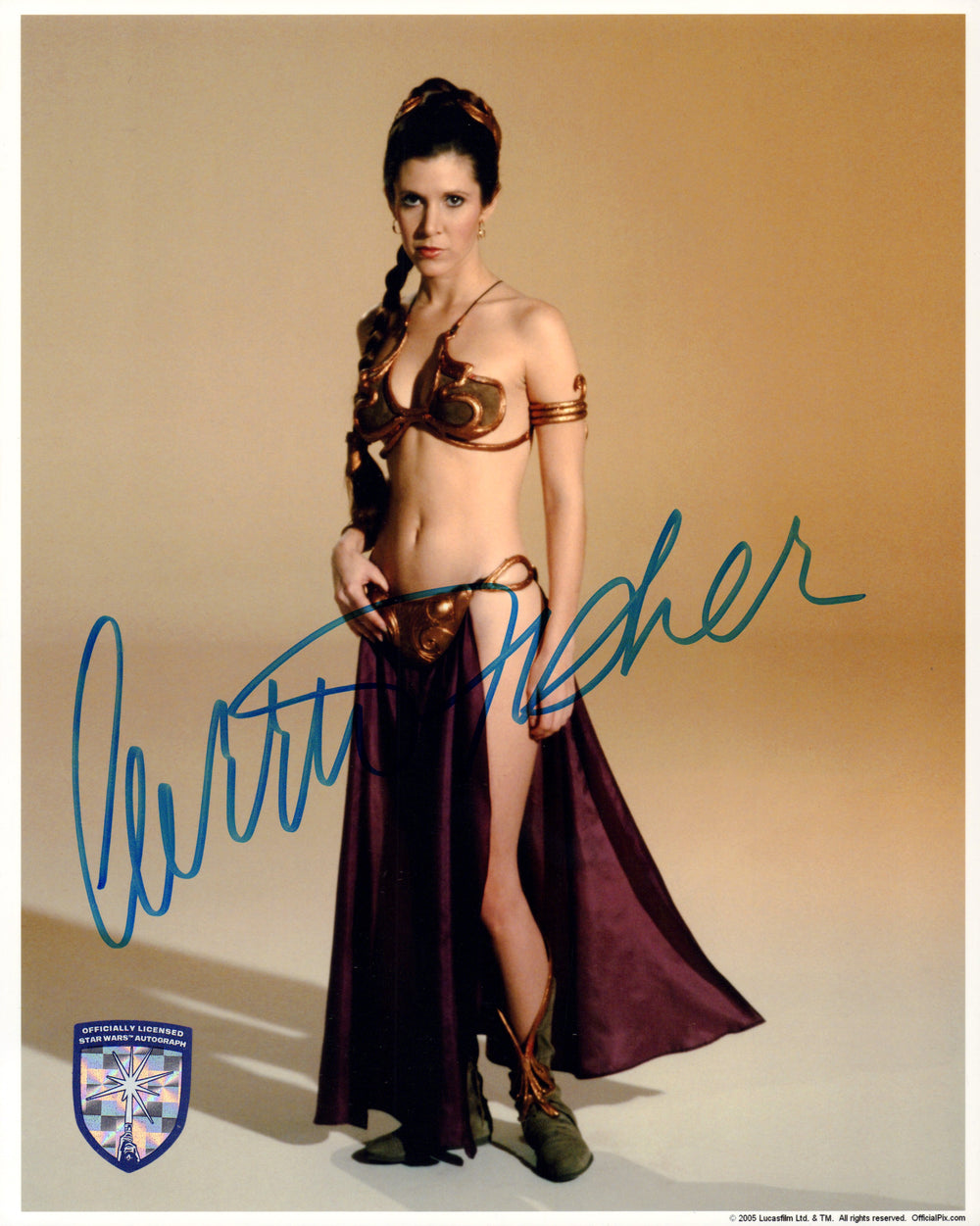 Carrie Fisher as Slave Princess Leia in Star Wars: Return of the Jedi (Official Pix Lightsaber Shield) Signed 8x10 Photo