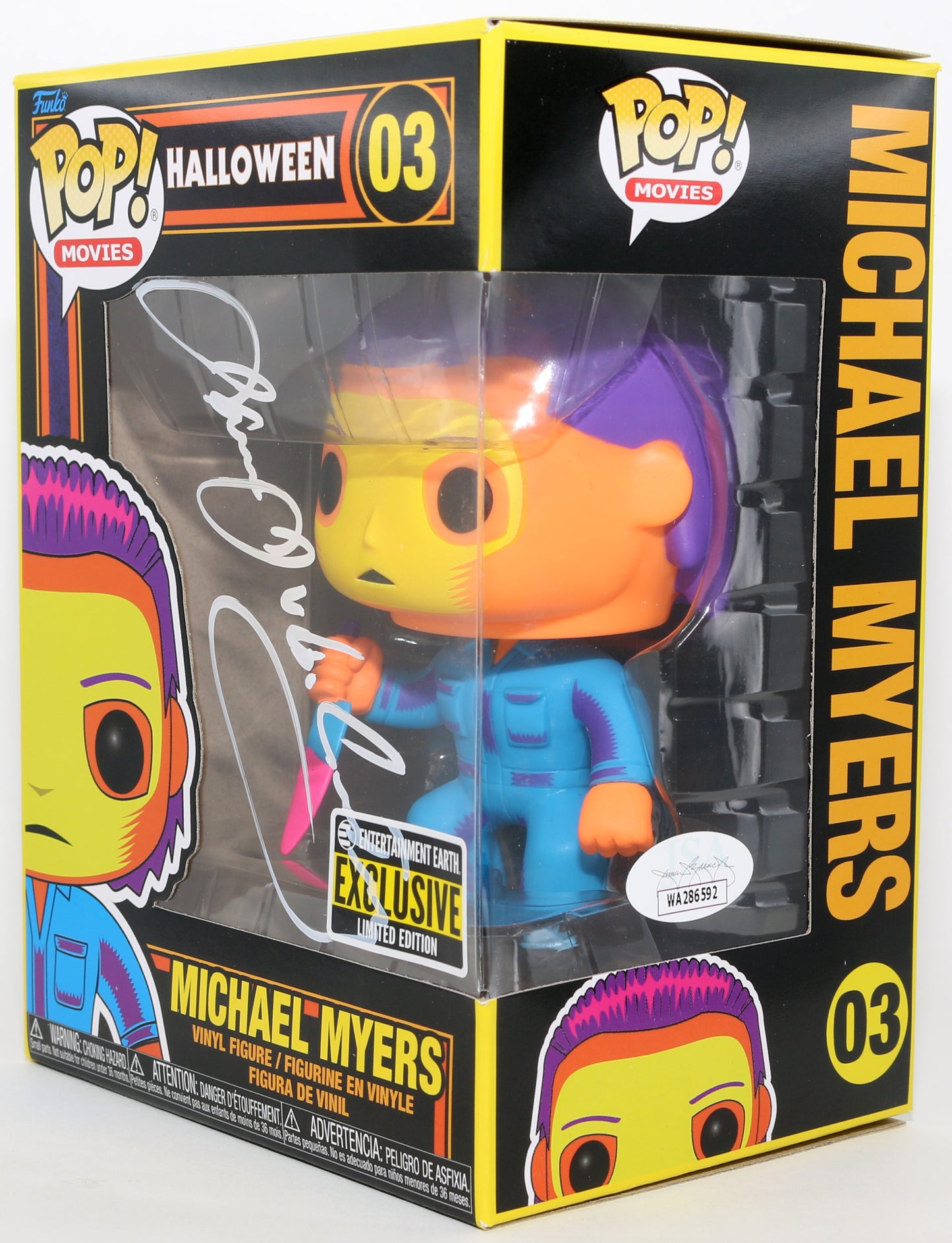 
                  
                    James Jude Courtney as Michael Myers in Halloween Blacklight Entertainment Earth Exclusive (JSA) Signed Funko POP! #03
                  
                