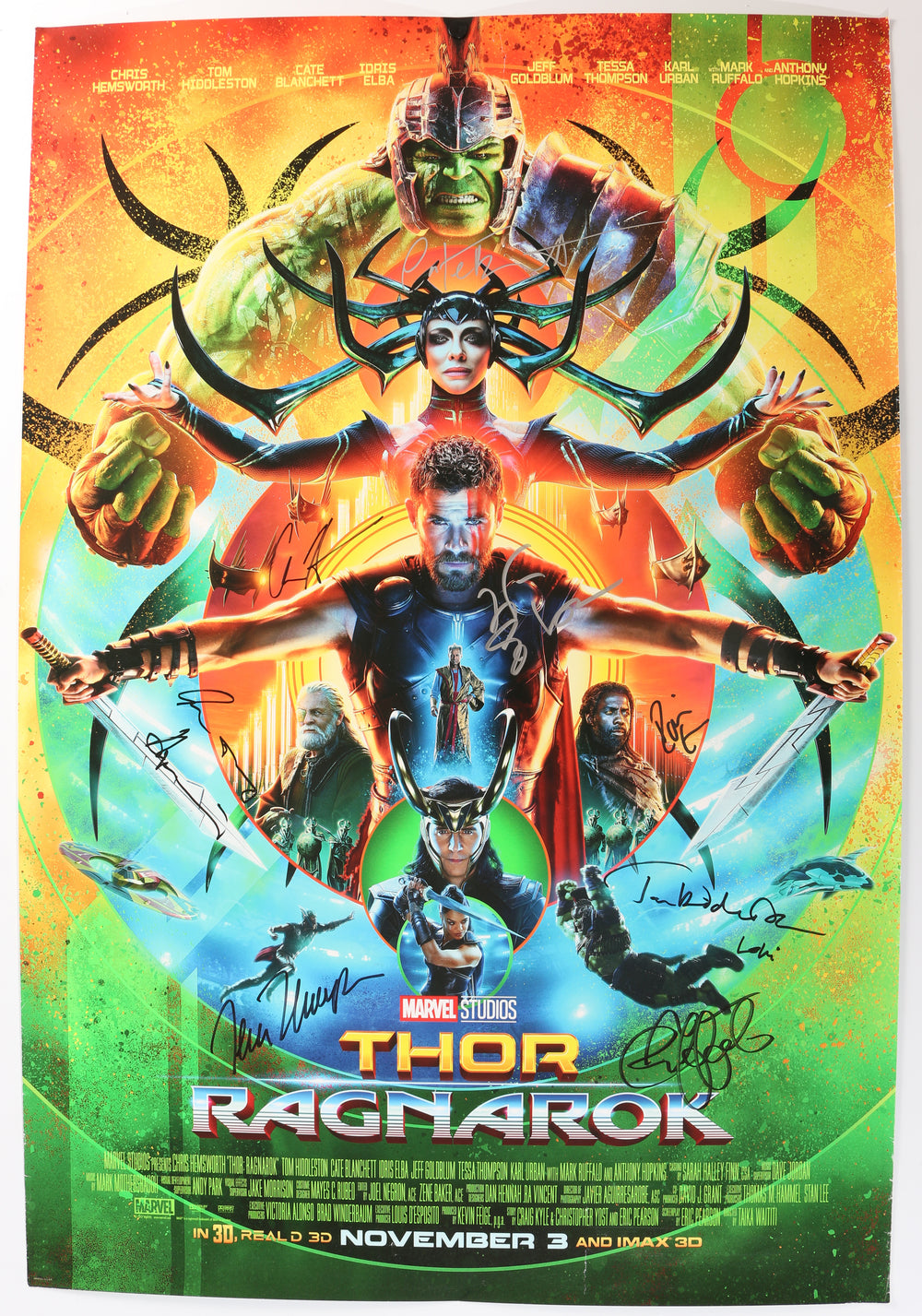 Thor: Ragnarok 27x40 Double Sided Poster Cast Signed by Chris Hemsworth, Cate Blanchett, Tom Hiddleston, Mark Ruffalo Tessa Thompson, Jeff Goldblum, Idris Elba, & Anthony Hopkins