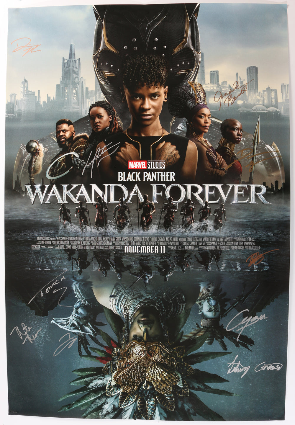 Black Panther: Wakanda Forever 27x40 Poster Cast Signed by Lupita Nyong’o, Danai Gurira, Tenoch Huerta, Dominique Thorne, Alex Livinalli, Maybell Cadena, & Angela Bassett