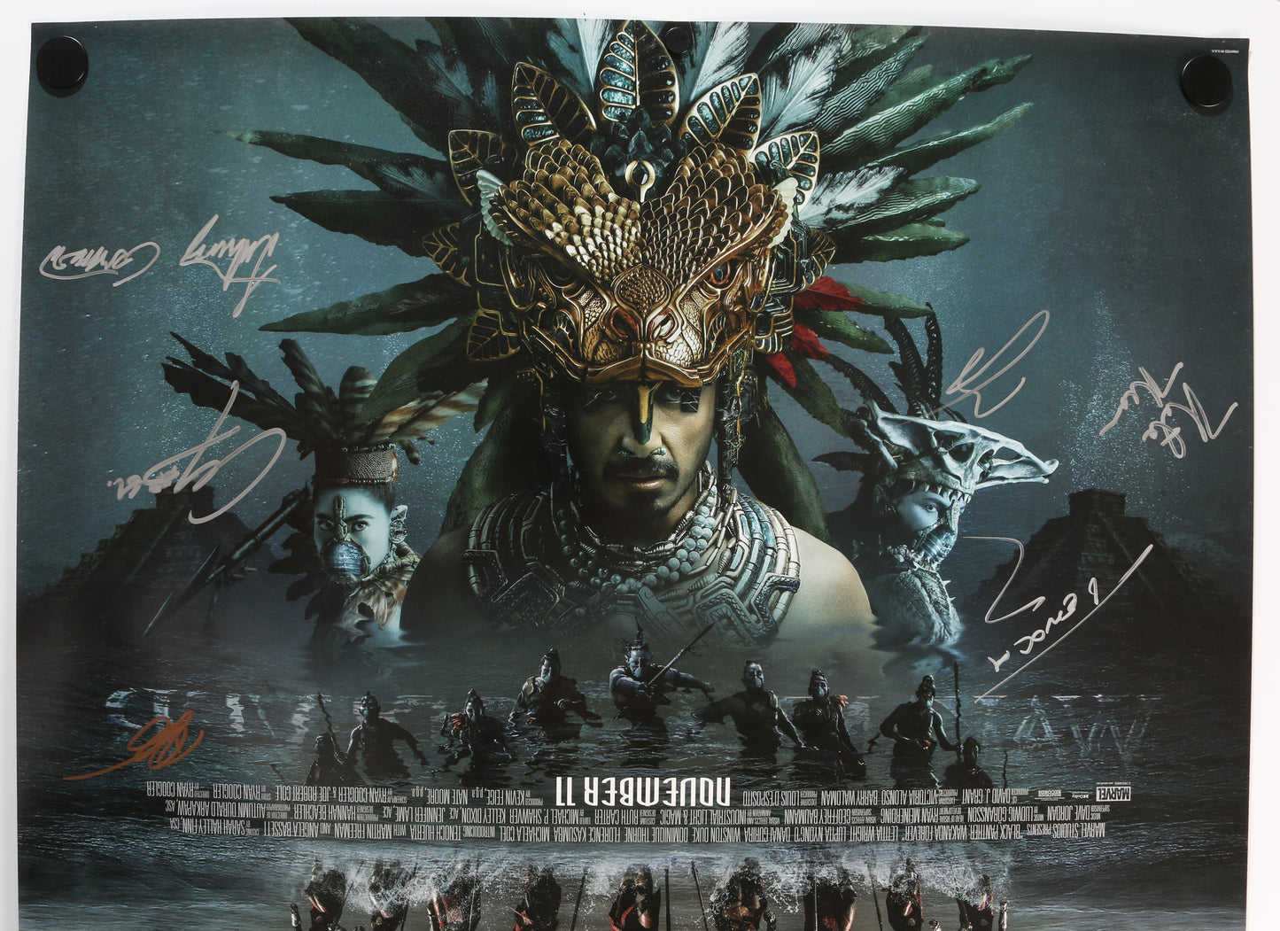 
                  
                    Black Panther: Wakanda Forever 27x40 Poster Cast Signed by Lupita Nyong’o, Danai Gurira, Tenoch Huerta, Dominique Thorne, Alex Livinalli, Maybell Cadena, & Angela Bassett
                  
                