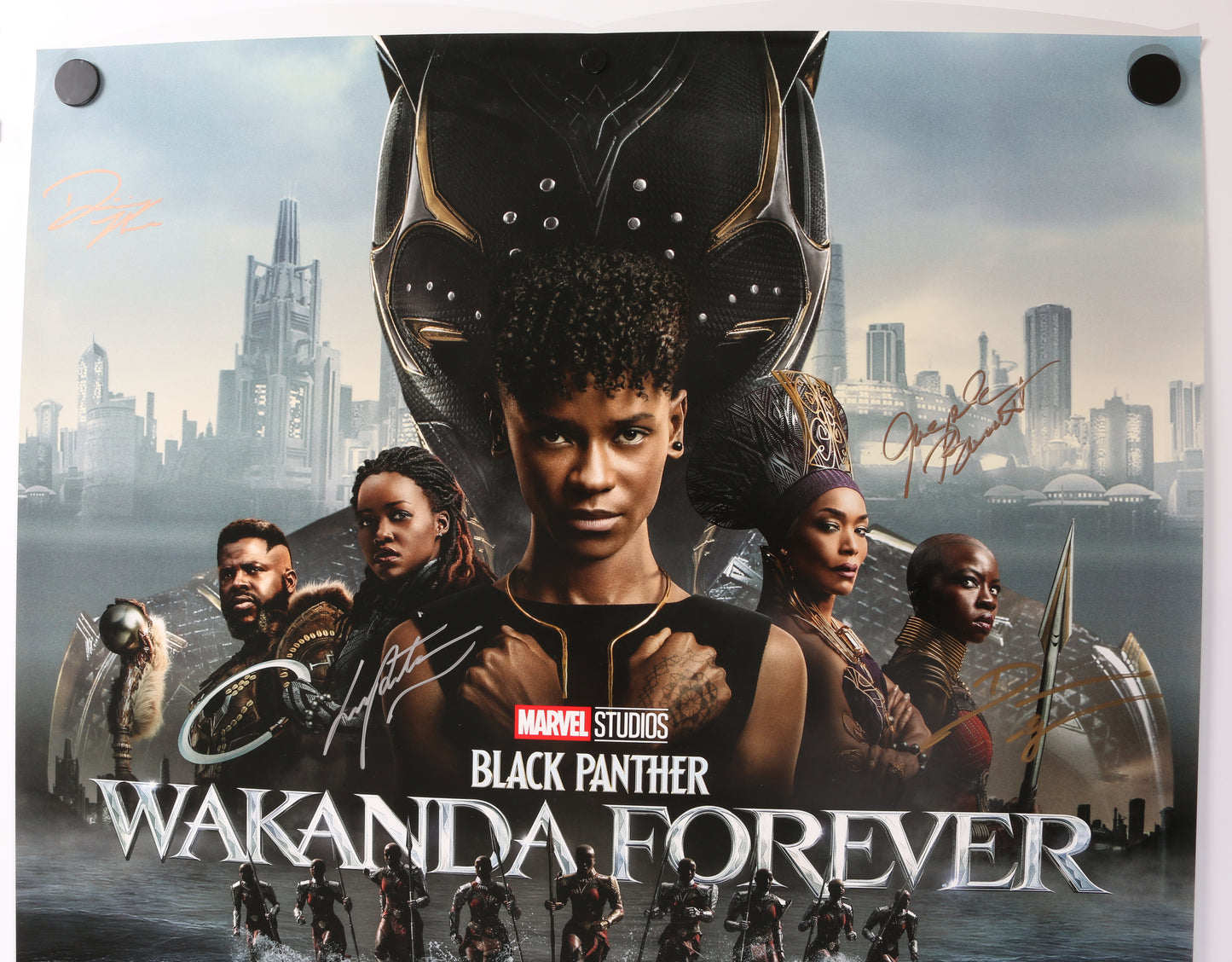 
                  
                    Black Panther: Wakanda Forever 27x40 Poster Cast Signed by Lupita Nyong’o, Danai Gurira, Tenoch Huerta, Dominique Thorne, Alex Livinalli, Maybell Cadena, & Angela Bassett
                  
                
