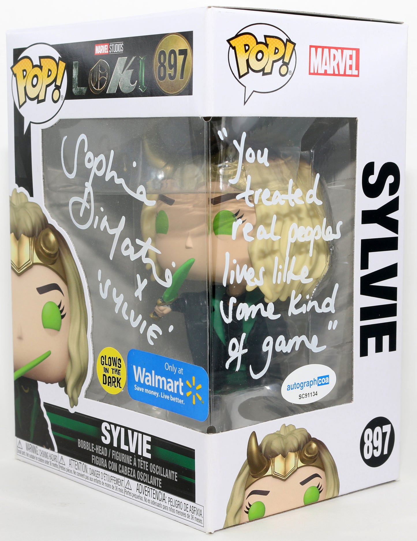 
                  
                    Sophia Di Martino as Sylvie in Loki GITD Walmart Exclusive Signed Funko POP! #897 with Character Name & Quote
                  
                