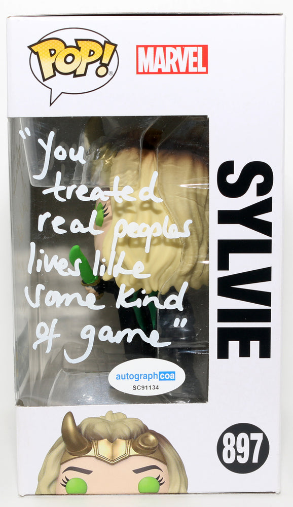 
                  
                    Sophia Di Martino as Sylvie in Loki GITD Walmart Exclusive Signed Funko POP! #897 with Character Name & Quote
                  
                