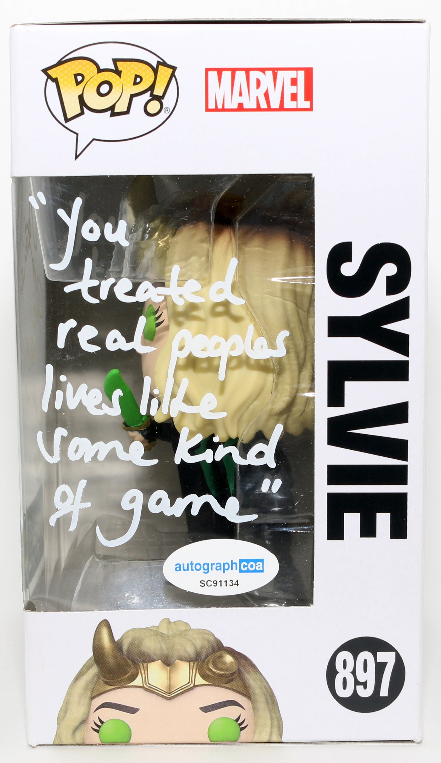 
                  
                    Sophia Di Martino as Sylvie in Loki GITD Walmart Exclusive Signed Funko POP! #897 with Character Name & Quote
                  
                