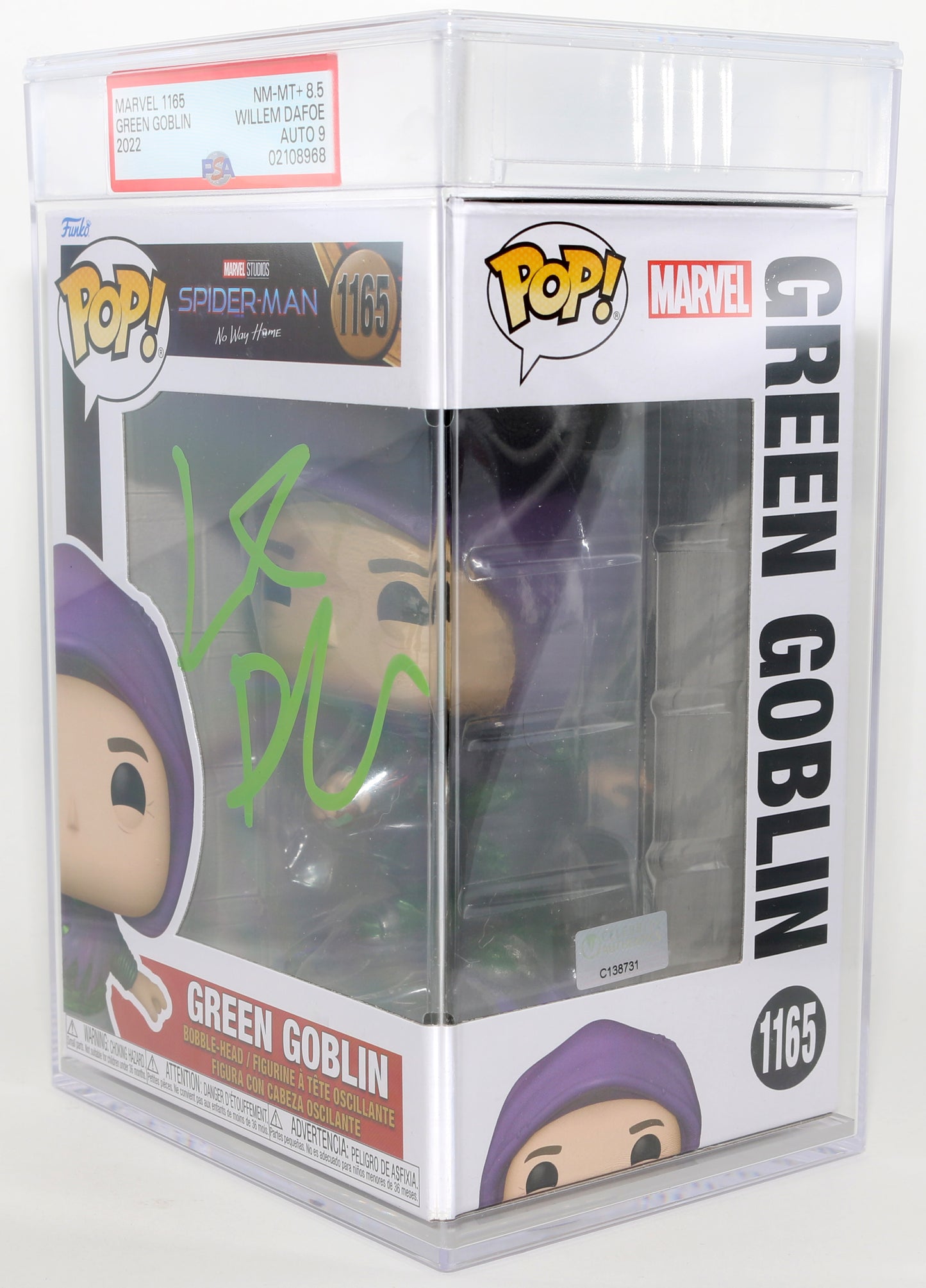 
                  
                    Willem DaFoe as Green Goblin in Spider-Man: No Way Home (PSA Encapsulated Grade 8.5 / Auto 9) Signed Funko POP! #1165
                  
                