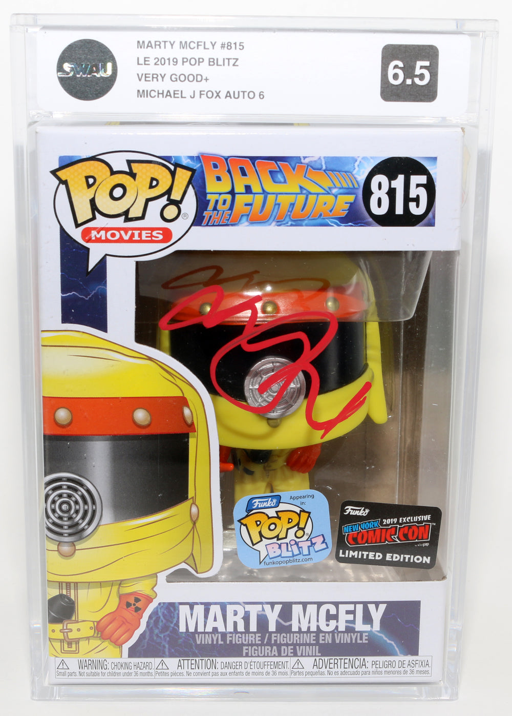 Michael J. Fox as Marty McFly in Back to the Future POP! Blitz 2019 NYCC Exclusive (SWAU Encapsulated Grade 6.5 / Auto 6) Signed Funko POP! #815