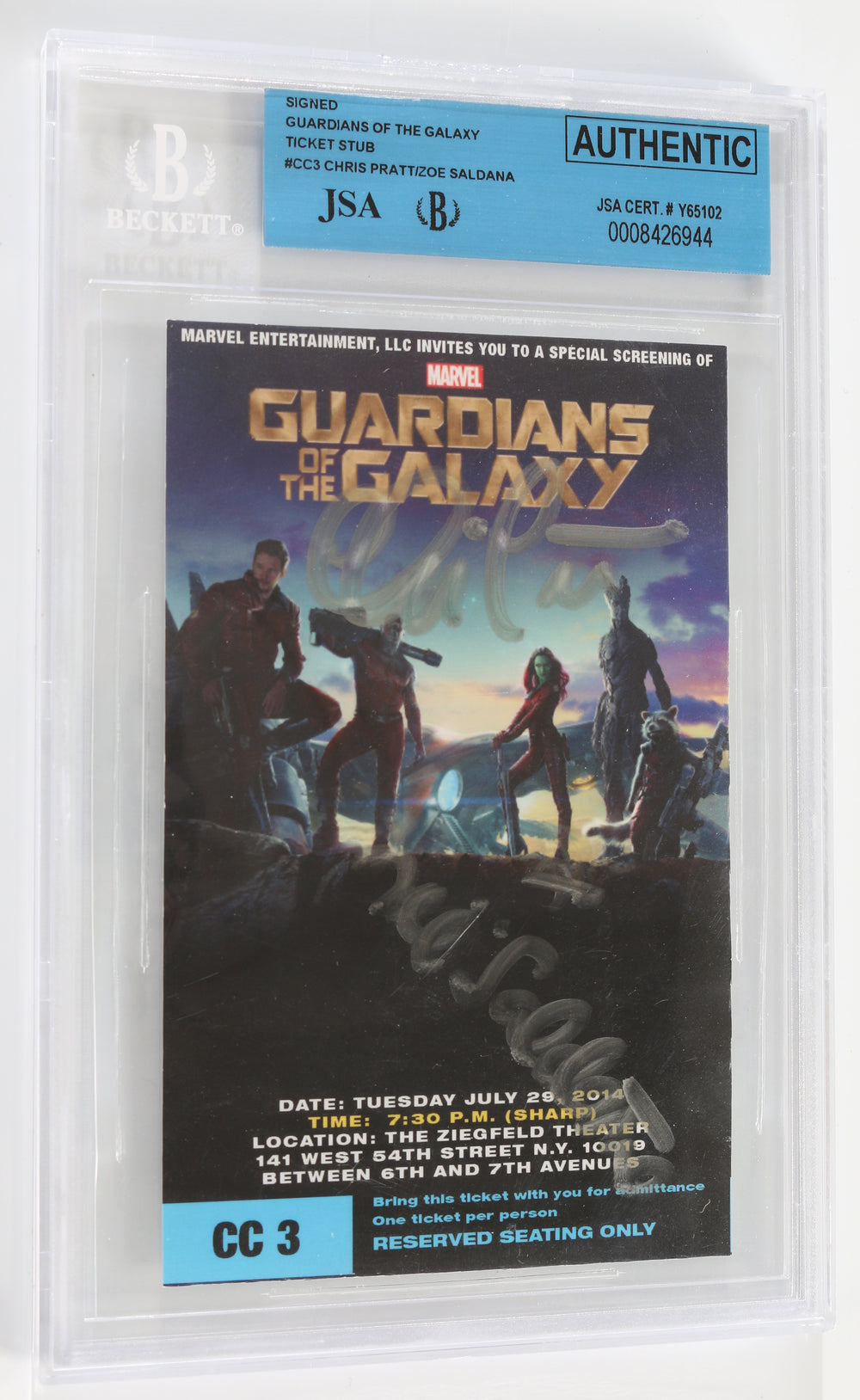 Guardians of the Galaxy Advance Screening Ticket (Beckett Slabbed) Signed by Chris Pratt & Zoe Saldaña