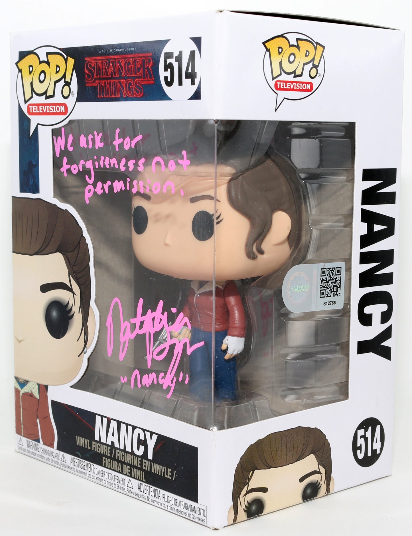 
                  
                    Natalia Dyer as Nancy Wheeler in Stranger Things (SWAU) Signed Funko POP! #514 with Character Name & Quote
                  
                