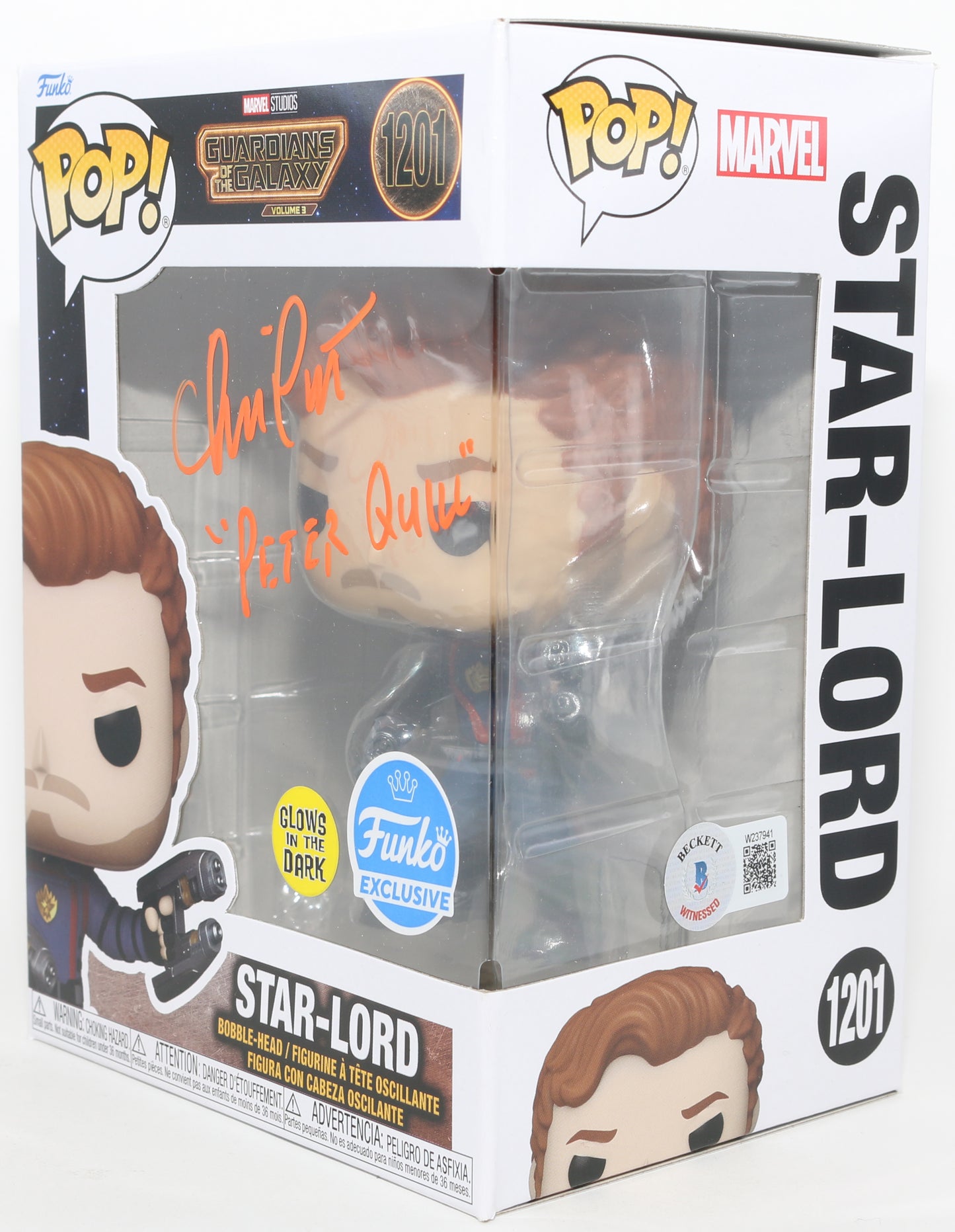 
                  
                    Chris Pratt as Peter Quill / Star-Lord in Guardians of the Galaxy Vol. 3 Funko Exclusive GITD (Beckett) Signed Funko POP! #1201 with Character Name
                  
                
