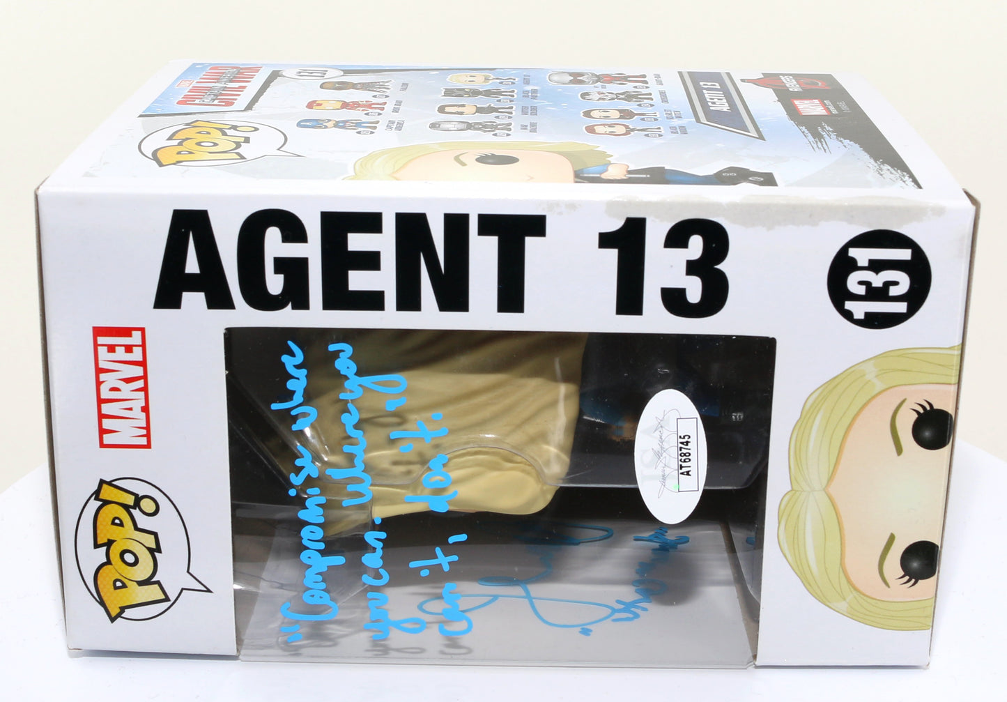 
                  
                    Emily VanCamp as Agent 13 in Captain America: Civil War (JSA) Signed Funko POP! #131 with Quote
                  
                