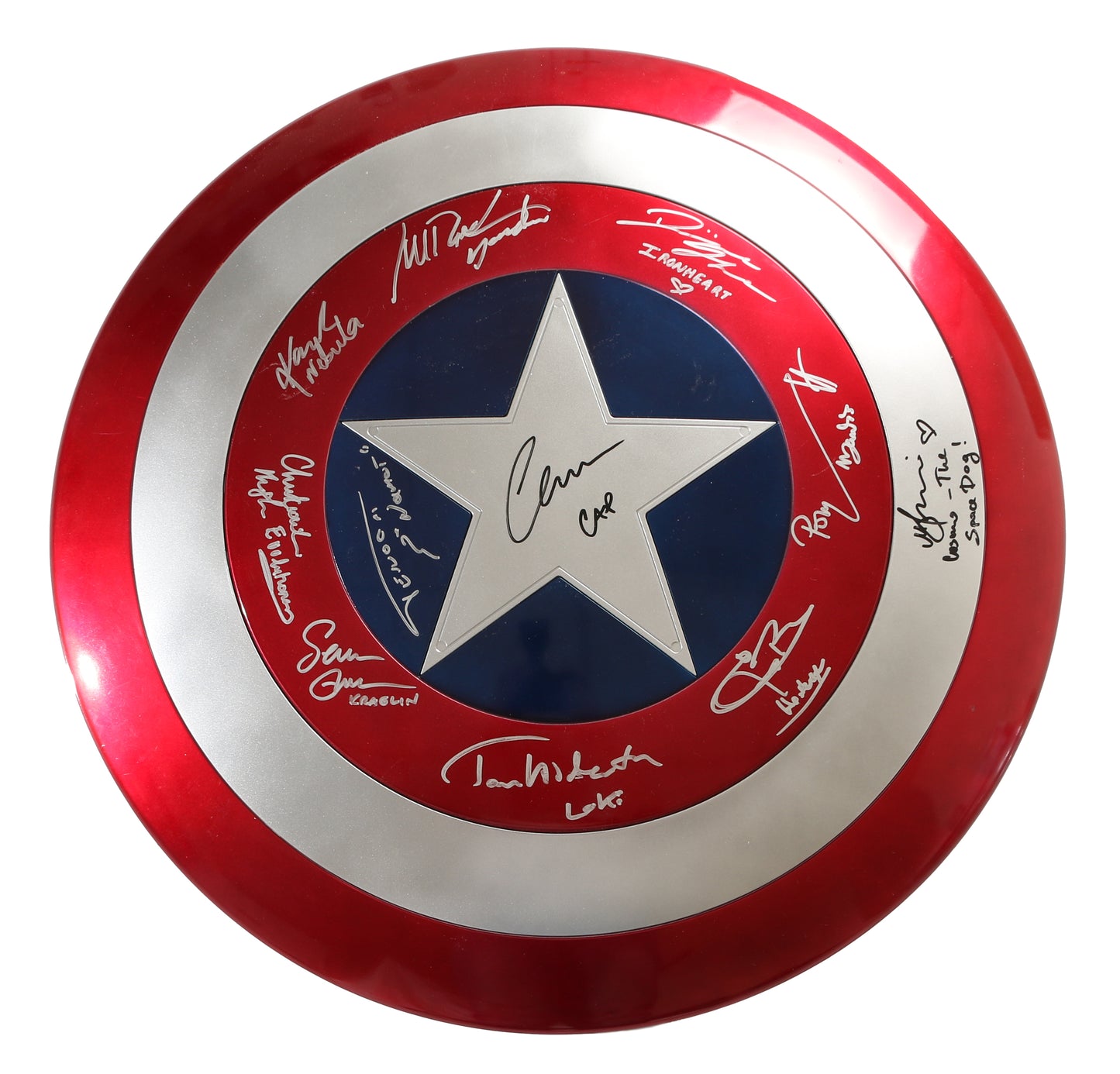 
                  
                    Captain America Hasbro Marvel Legends Replica Shield (SWAU) Signed by Chris Evans, Tom Hiddleston, Tenoch Huerta, Jeremy Renner, Sean Gunn, Karen Gillan, Pom Klementieff, Dominique Thorne, Maria Bakalova, Michael Rooker, & Chukwudi Iwuji
                  
                