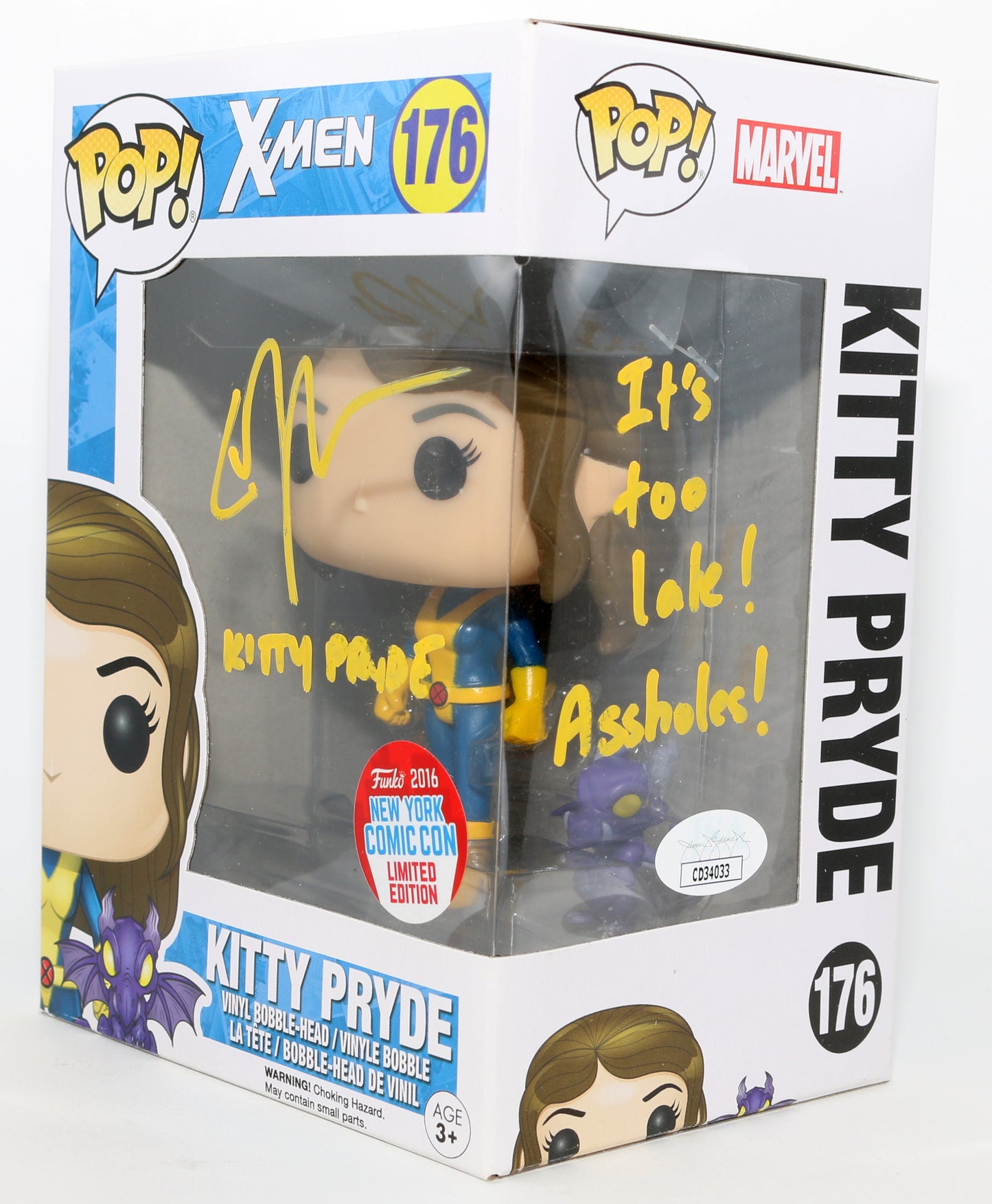 
                  
                    Elliot Page as Kitty Pryde in X-Men 2016 New York Comic Con Exclusive (JSA) Signed Funko POP! #176 with Character Name & Quote
                  
                