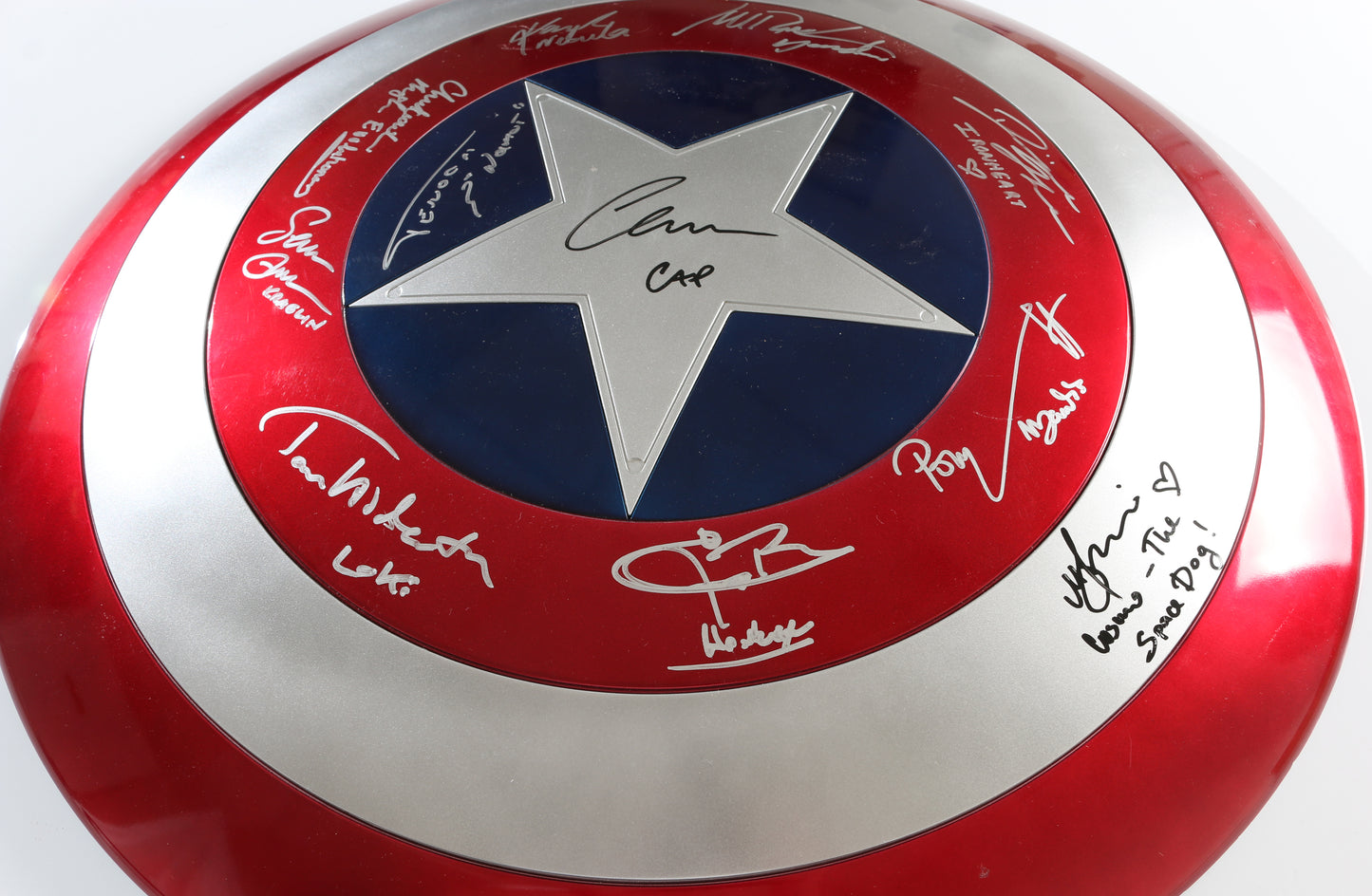 
                  
                    Captain America Hasbro Marvel Legends Replica Shield (SWAU) Signed by Chris Evans, Tom Hiddleston, Tenoch Huerta, Jeremy Renner, Sean Gunn, Karen Gillan, Pom Klementieff, Dominique Thorne, Maria Bakalova, Michael Rooker, & Chukwudi Iwuji
                  
                