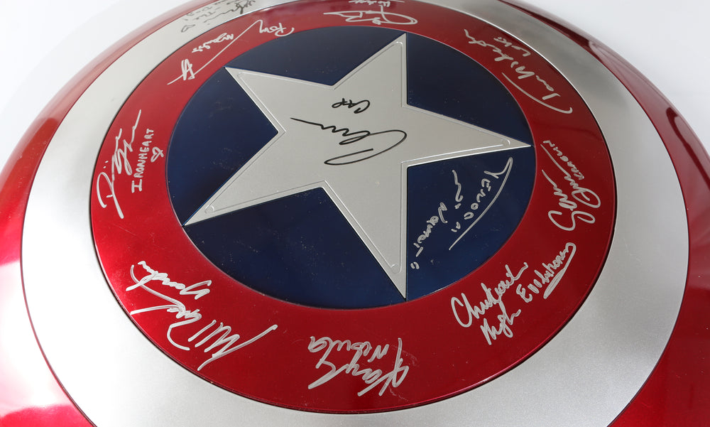 
                  
                    Captain America Hasbro Marvel Legends Replica Shield (SWAU) Signed by Chris Evans, Tom Hiddleston, Tenoch Huerta, Jeremy Renner, Sean Gunn, Karen Gillan, Pom Klementieff, Dominique Thorne, Maria Bakalova, Michael Rooker, & Chukwudi Iwuji
                  
                