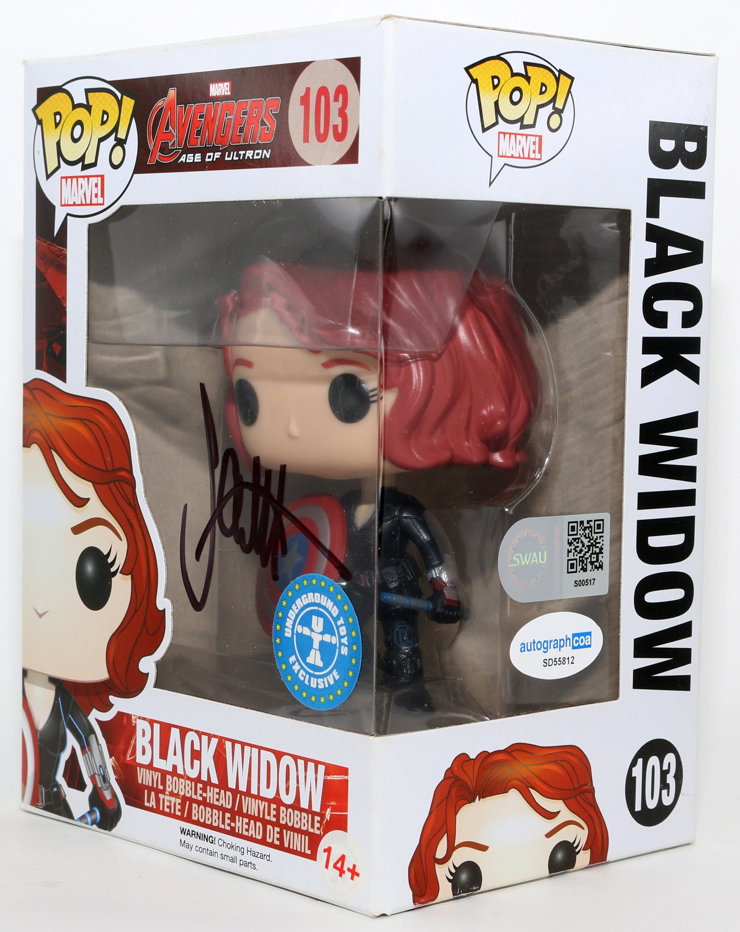 
                  
                    Scarlett Johansson as Natasha Romanoff / Black Widow in Avengers: Age of Ultron Underground Toys Exclusive (SWAU) Signed Funko POP! #103
                  
                