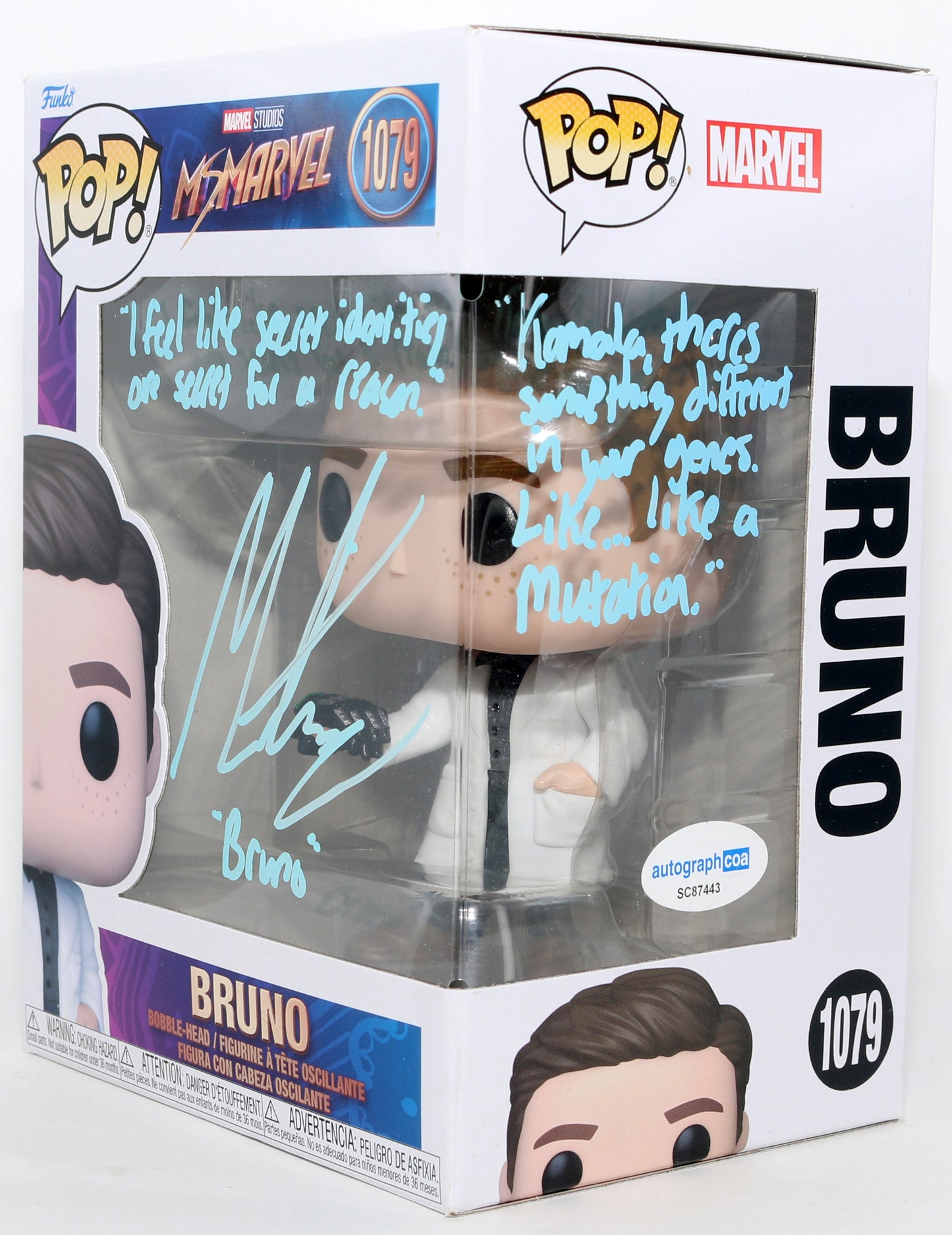 
                  
                    Matt Lintz as Bruno Carrelli in Ms. Marvel Signed Funko POP! #1079 with Character Name & Quote
                  
                