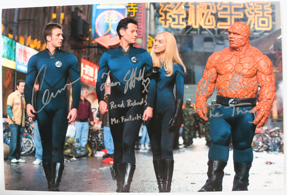 Chris Evans as Johnny Storm / Human Torch, Ioan Gruffudd as Reed Richards / Mister Fantastic, & Michael Chiklis as Ben Grimm / The Thing in Fantastic Four Signed 12x18 Photo with Character Names