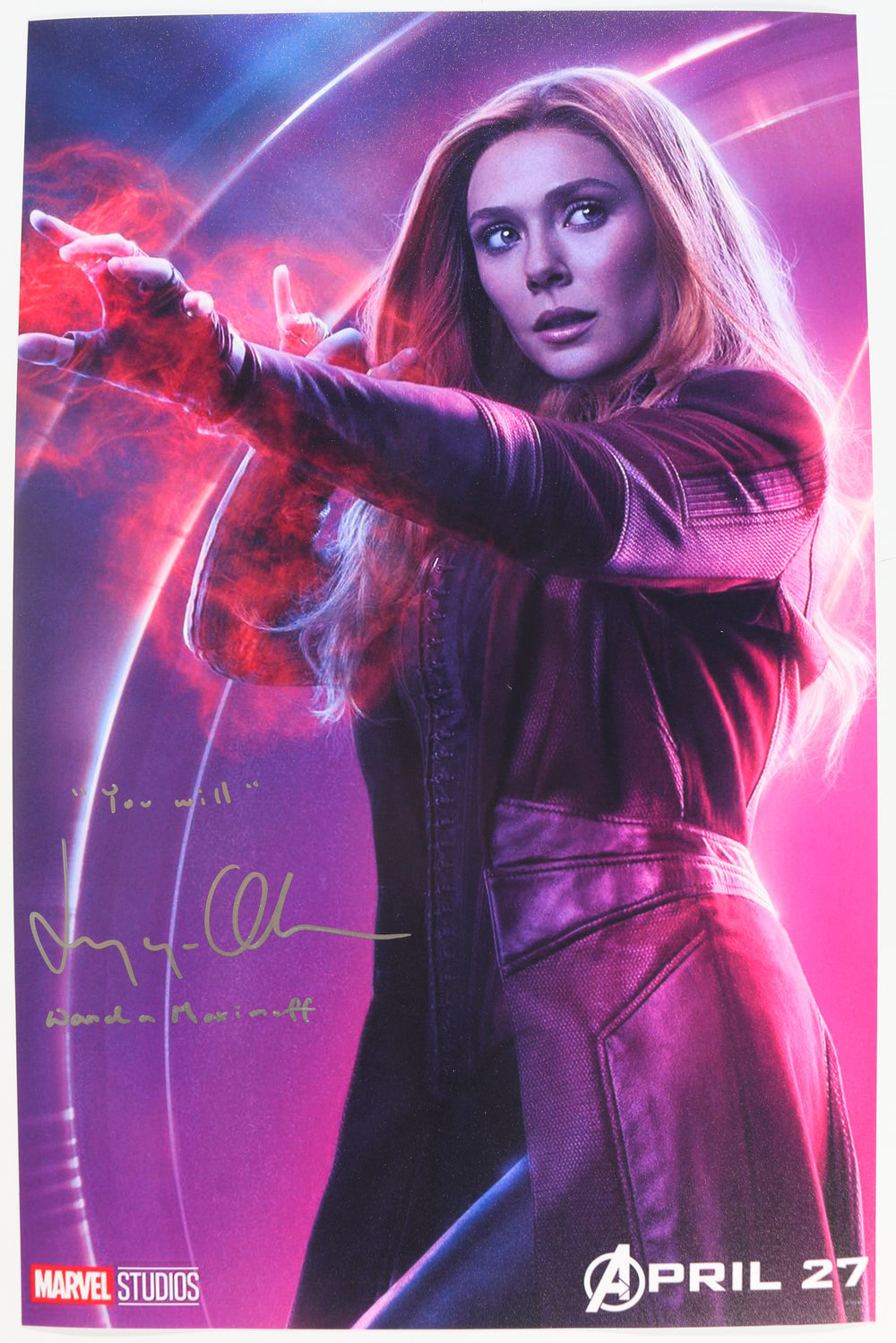 Elizabeth Olsen as Wanda Maximoff  / The Scarlet Witch in Avengers: Infinity War (JSA) Signed 11x17 Photo with Character Name & Quote